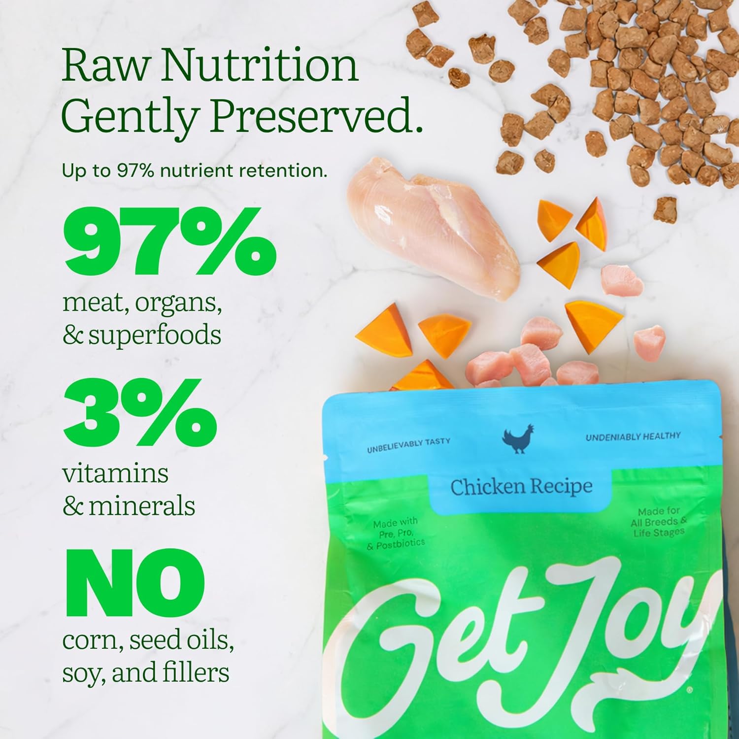 Get Joy Freeze Dried Raw Chicken Dog Food, High Protein Grain Free Meal, Topper & Treat, Gut Health Support with Probiotics, Small to Large Breed, 32oz Bag