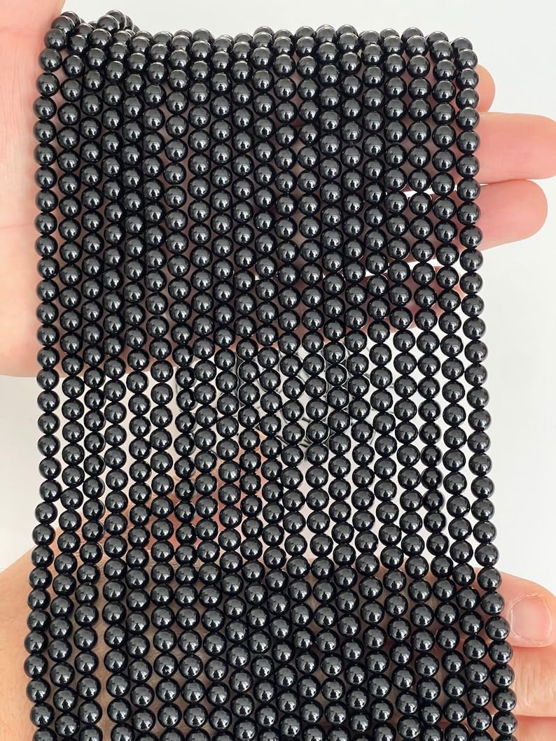 Tourmaline noire naturelle 6mm : lot de perles rondes lisses de pierre précieuse pour bracelet et collier