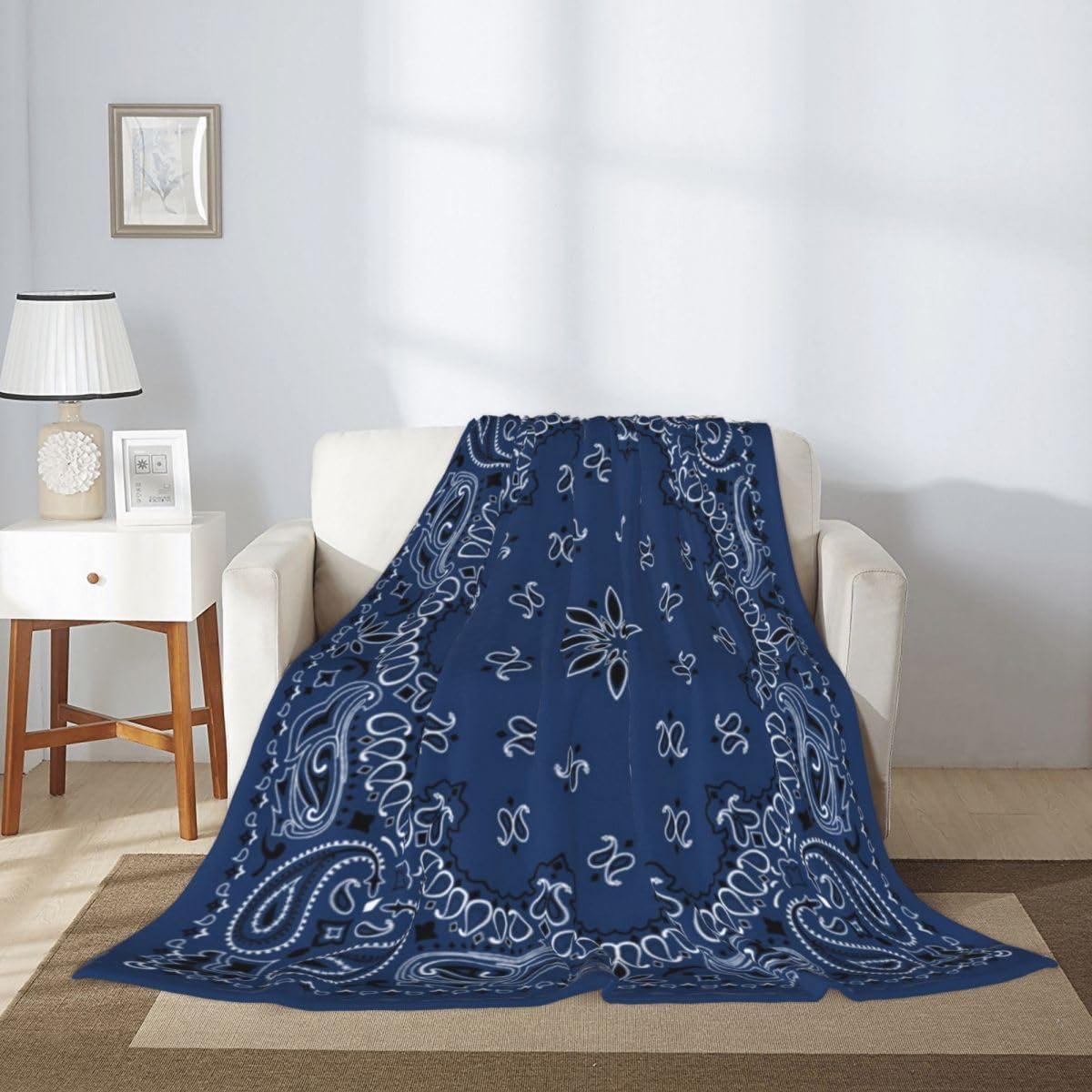 Home Decor Throw Blanket, Blue Paisley Bandana Scarf Classic, Warm Soft Cozy Flannel Bed Blankets for Bed, Couch, Sofa and Chair, All Seasons Suitable, 80x60 inches - Image 2