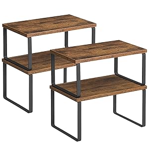 SONGMICS Organizzatori da Cucina, Set di 4 Scaffali da Banco, Portaoggetti per Armadietto, Impilabile, Espandibile, Metallo e Legno Ingegnerizzato, Nero Inchiostro e Marrone Vintage KCS021X01