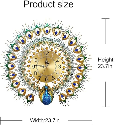 Miniatura 2 de Reloj de pared grande de estilo lujoso, estilo pavo real, de 23.7 pulgadas, sin tictac, silencioso, de cristal acrílico, decoración moderna y Azul