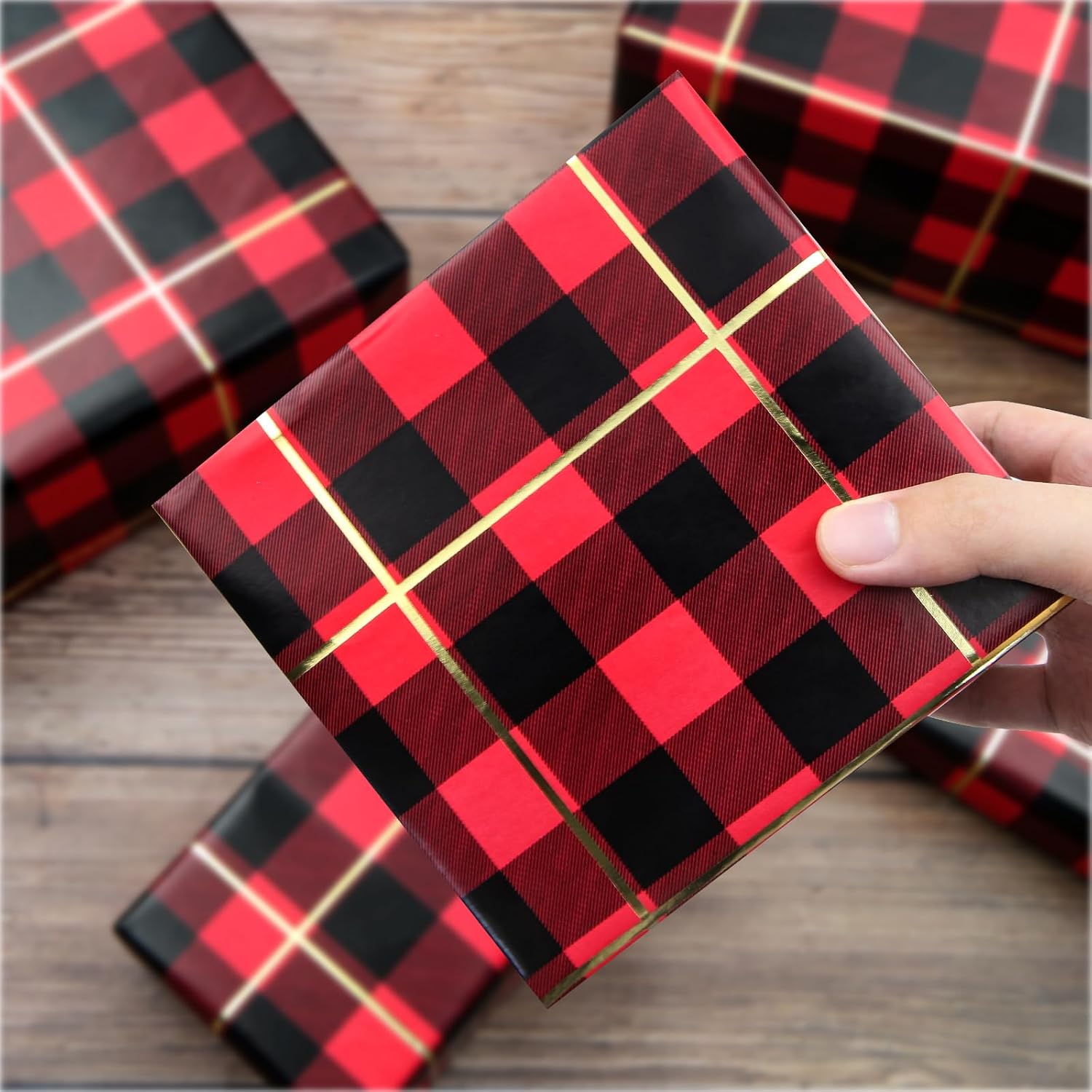 Vintage Lovely Unique Classic Warm Red and Black Buffalo Plaid Grid Gold Foil Wrapping Paper Folded Flat 4 Sheets 20x28 inches Per Sheet For Birthday Merry Christmas New Year Holidays Celebrations Gift Wrap image 5