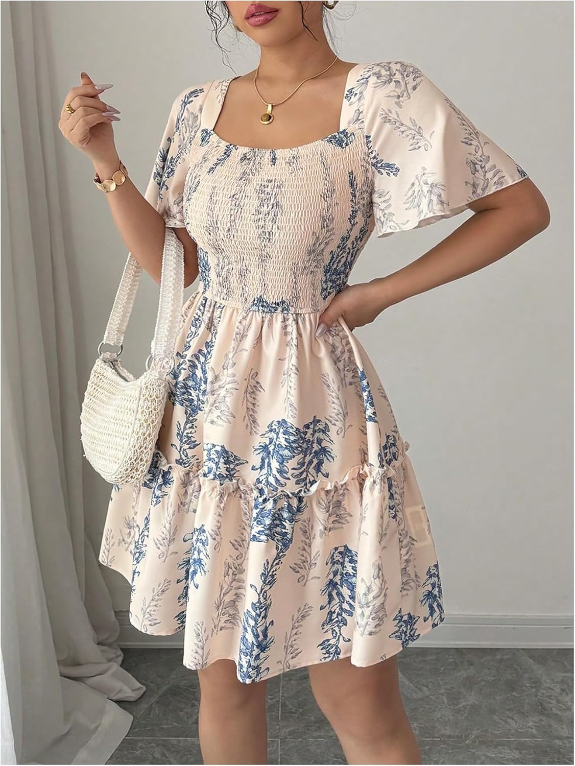 SOLY HUX Women's Floral Mini Dress Short Sleeve Square Neck Vacation A Line Flowy Dresses - Image 4