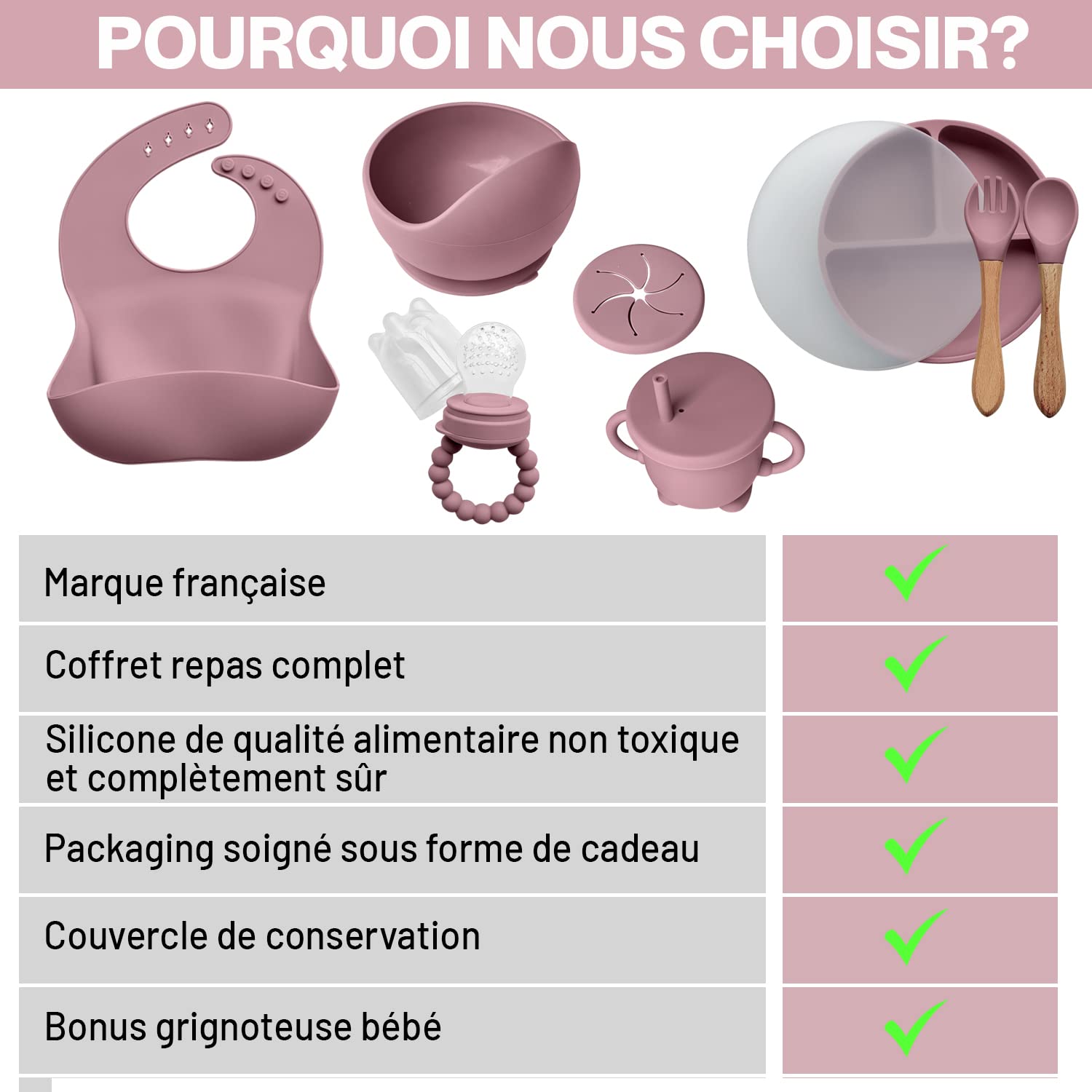 Cofanetto pasto in silicone per neonati (10 pezzi) – Piatto e ciotola antiscivolo con ventosa/posate (forchetta e cucchiaio) / tazza ermetica/bavaglino e sgranocchiatore – regalo nascita (rosa)