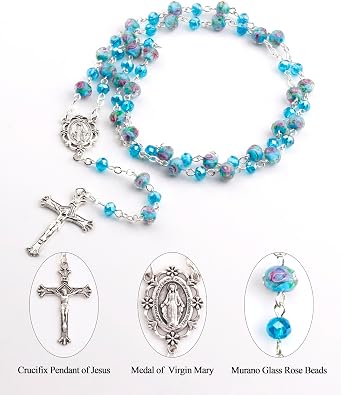 Murano Glass Rose Beads Catholic Virgin Mary Rosary Necklace Women