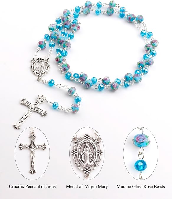 Murano Glass Rose Beads Catholic Virgin Mary Rosary Necklace Women