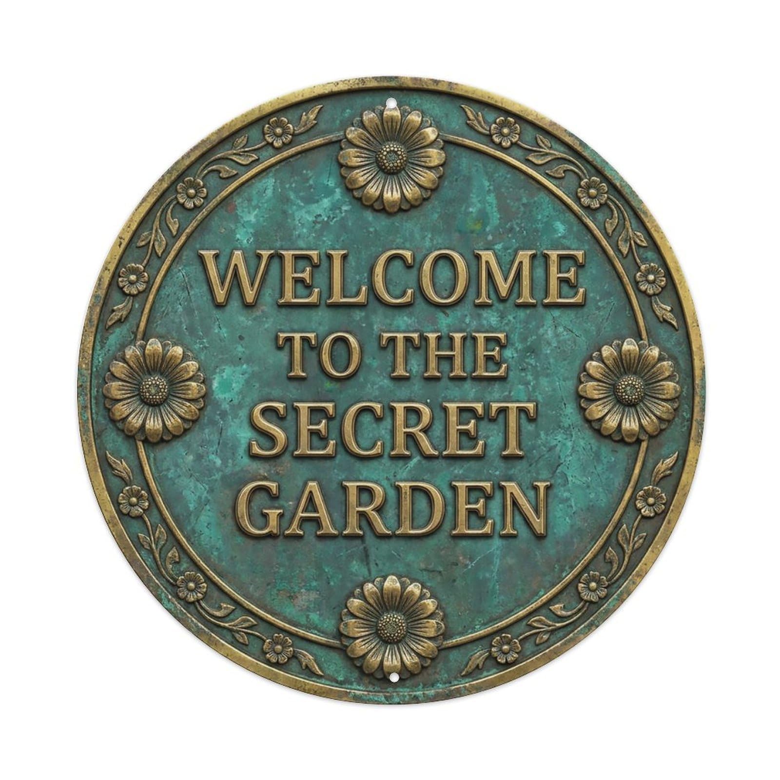 Vintage Welcome Secret Garden Brass Peacock Zinnia Metal Tin Sign