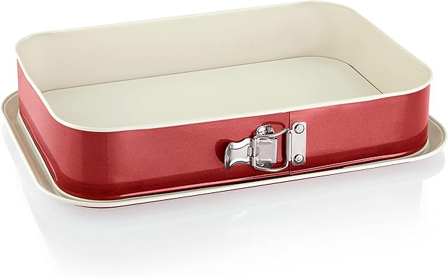 Grizzly, Springform Cake Tin, Rectangular Baking Tin 14" x 9" (35 x 24 cm), Red and Cream, with Overflow Protection, Non-Stick Coating, Large, Tall Rectangular Cake Tin