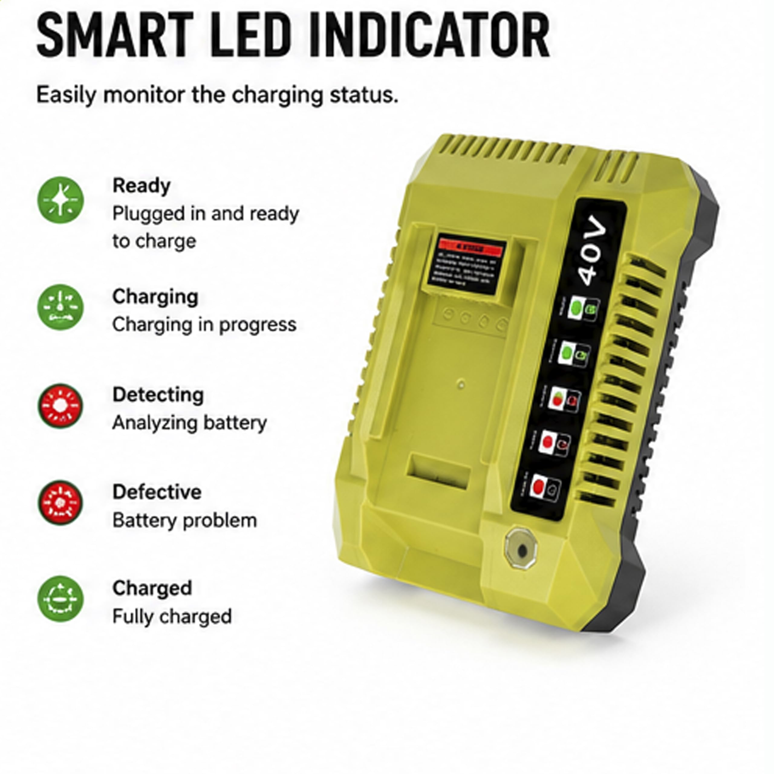 Caricabatterie 40 V per Ryobi 40 V, OP401, compatibile con batterie agli ioni di litio Ryobi da 40 Volt OP4015 OP4026 OP4030 OP4040 OP4050 OP40601