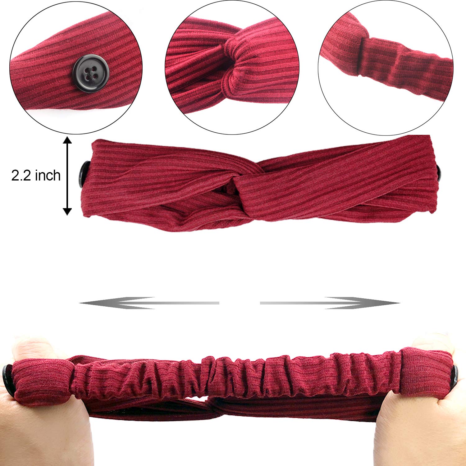 Women's Boho Headbands with Buttons for Face Masks and Covers,Knoted Headband Wide Turban Headband Twisted Criss Cross Head Wrap Elastic Hair Band Accessories for Women,Girls 6 Pack