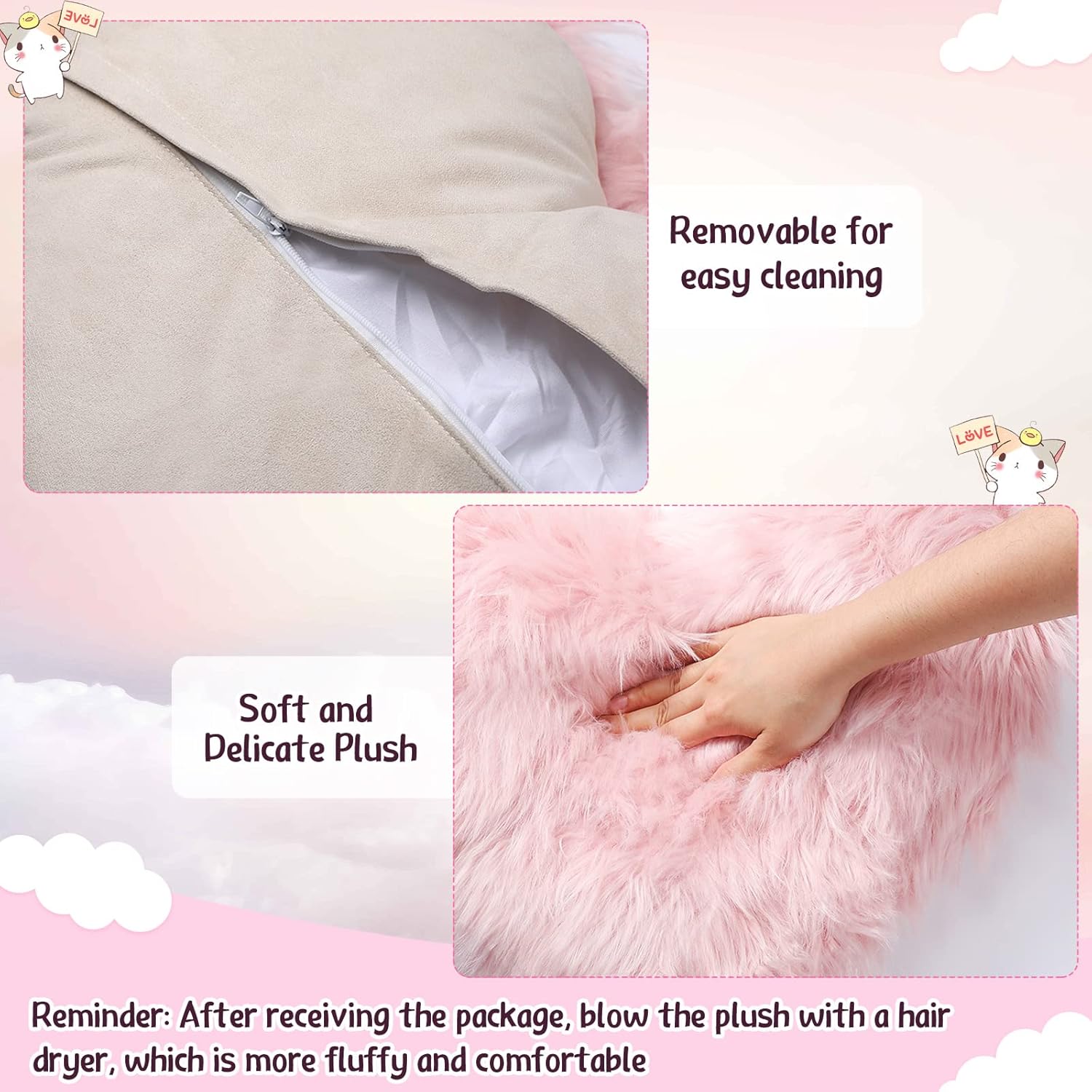Enhon 2 Pcs Fluffy Heart Pillows Faux Fur Heart Shaped Plush Pillow Soft 20 x 15.7 Inch Love Throw Pillows with Insert for Decorative Office Home Bedroom Living Room Sofa(Pink)