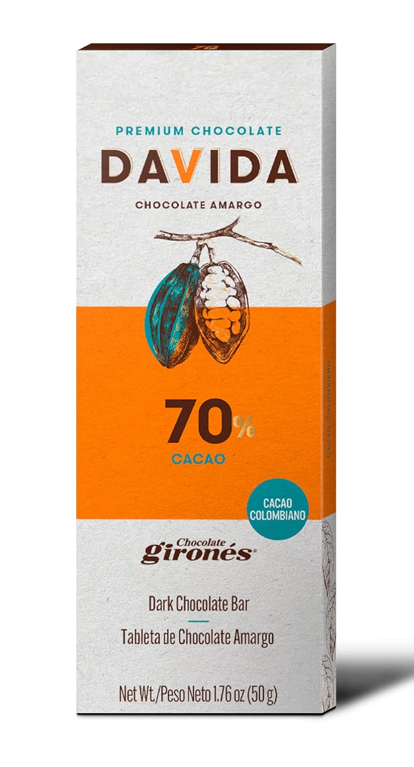 DAVIDA Chocolate Bars, 70% Cacao Premium Colombian Dark Chocolate (Pack of 6) 1.76 OZ
