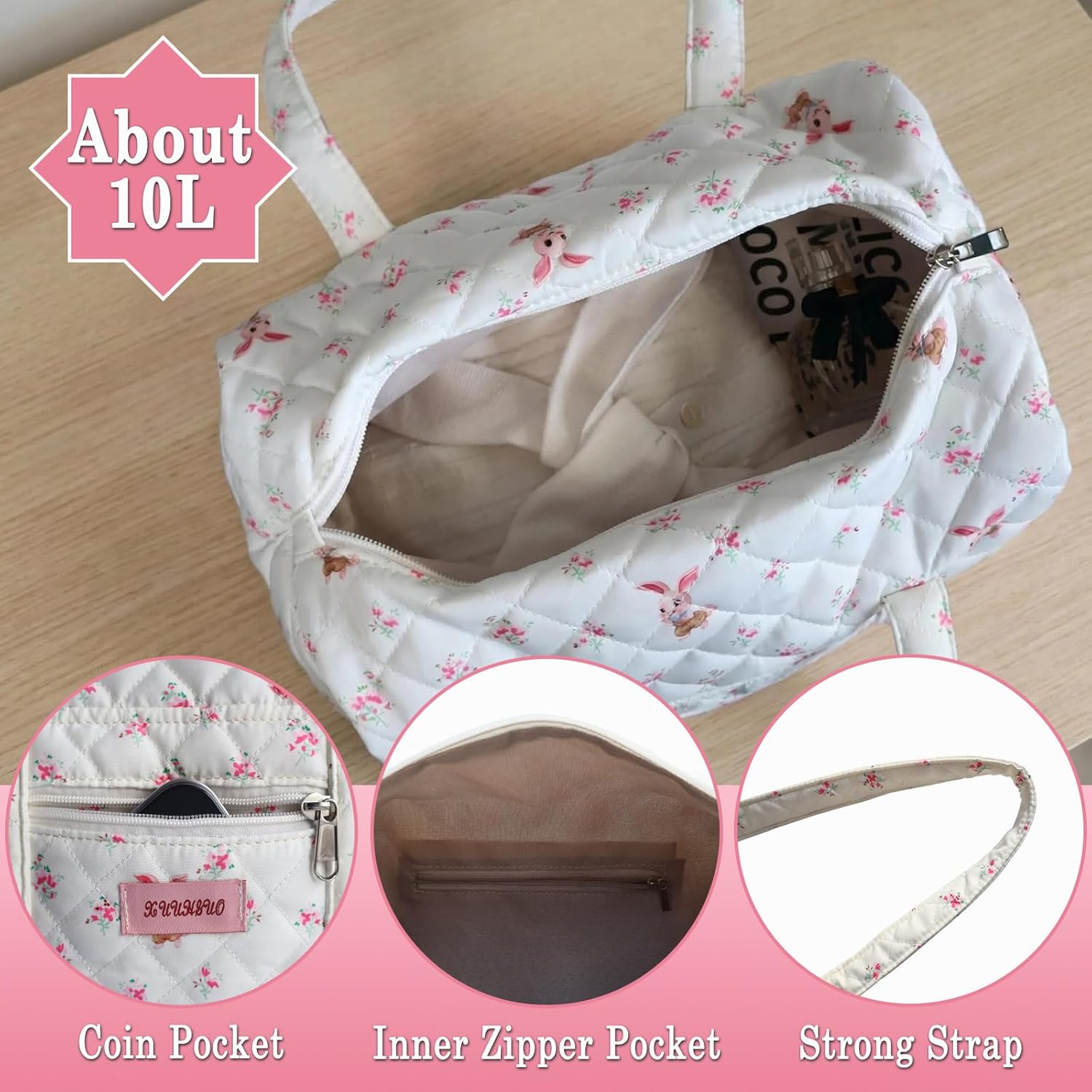 Coquette Purse with Bow Pearl Charm Floral Quilted Duffle Bag for Women Girls Cute Puffer Sleepover Bag Kawaii Tote Bag for Travel, Diaper, School - Image 3