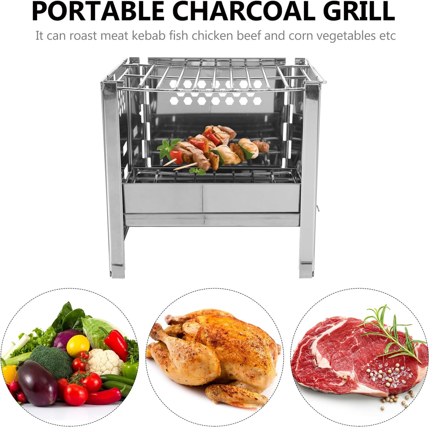 Portable Stainless Steel Barbecue Grill with Folding Wind Deflector, Outdoor Picnic Bbq Accessory for Camping and Hiking