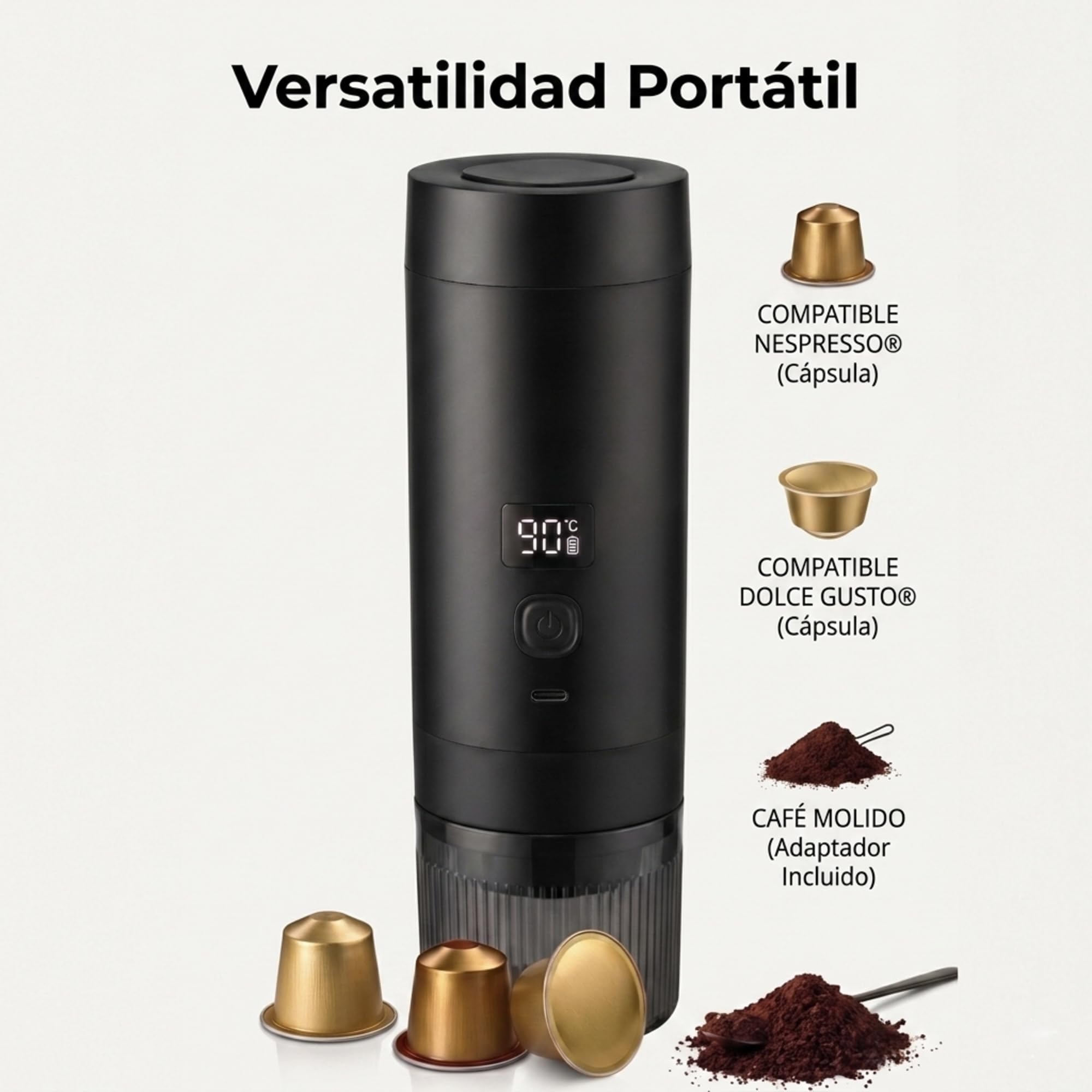 Kit Cafetera Portátil 3 en 1 – Maquina de Espresso 20 Bares Compatible con Cápsulas Nespresso, Dolce Gusto y Café Molido – Cafetera Capsulas Recargable USB-C 7800 mAh de Calentamiento Rápido