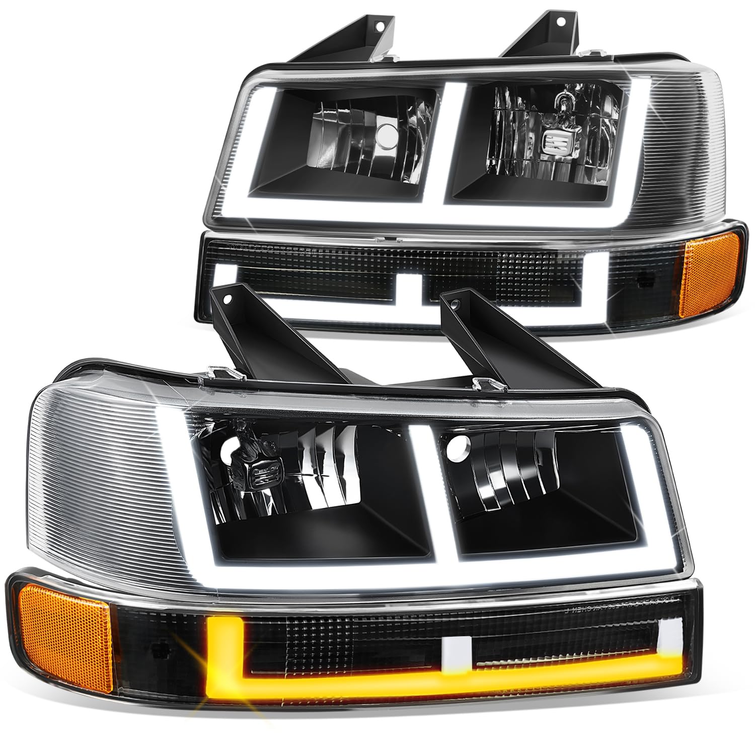 DNA MOTORING E-Style LED DRL Headlight+Parking/Turn Lamps Set Compatible with 03-14 Express/Savana 1500, 03-23 Express/Savana 2500 3500,Black/Amber,HL-LB4-CEGS03-4P-BK-AM
