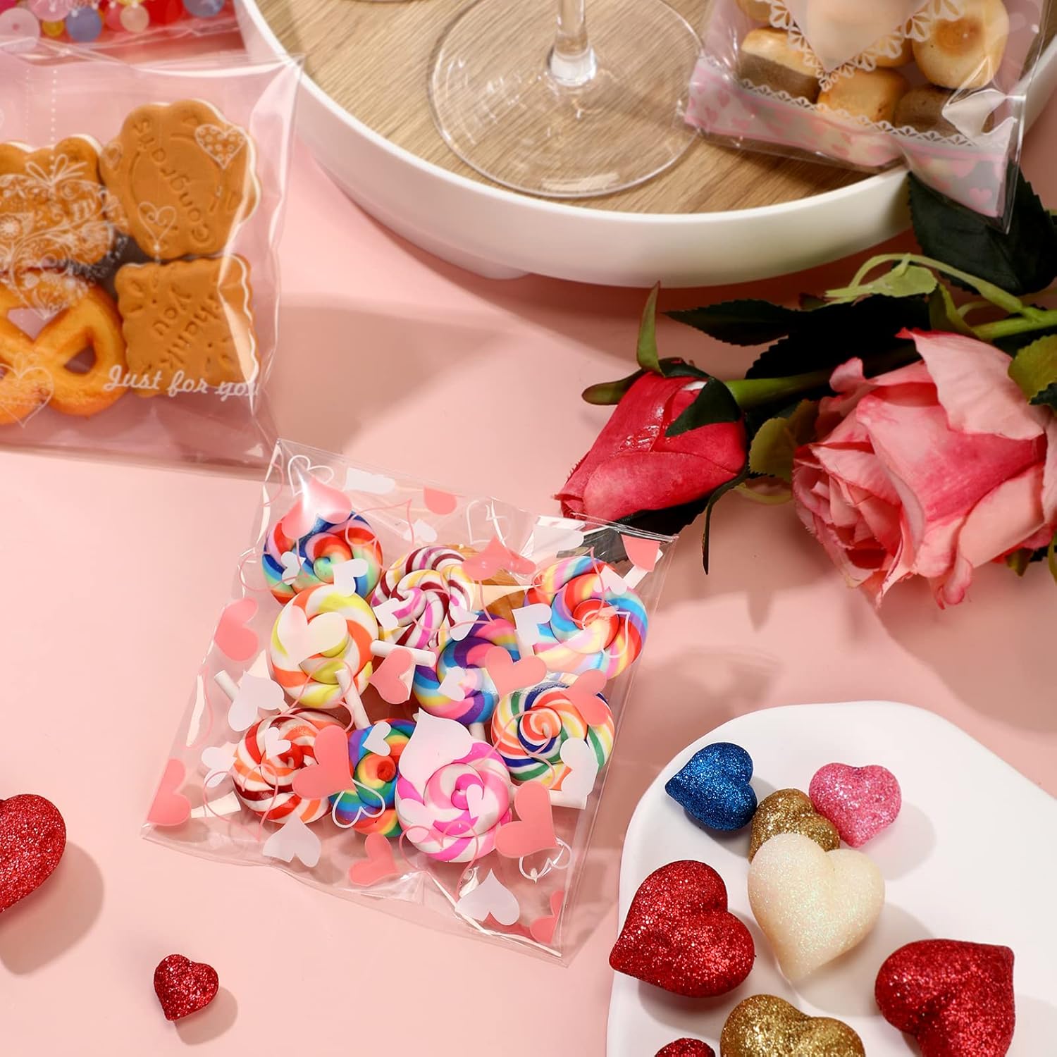 Fumete 400 Pcs Valentine's Day Cellophane Treat Bag Self Adhesive Clear Opp Plastic Resealable Bag 4x4 Inch for Candy Cookies Party Favors - Image 3
