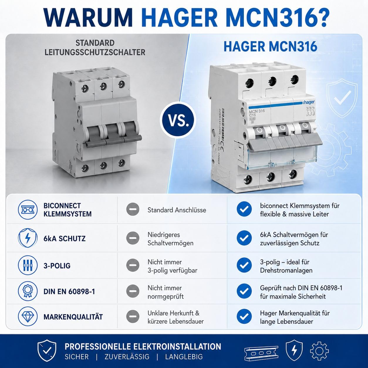 Hager MCN316 Leitungsschutzschalter 3-polig C16A, 6kA LS-Schalter für Drehstrom, 3P Sicherungsautomat, biconnect Klemmsystem, 3 Module, 230/400V AC, IP20, Kurzschluss- und Überlastschutz