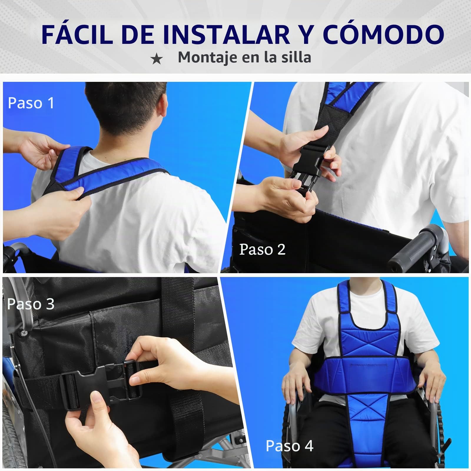 LOSCHEN Cinturón de arnés para silla de ruedas, antideslizante, transpirable, para todo el cuerpo, cinturón de seguridad para personas mayores y pacientes (azul)