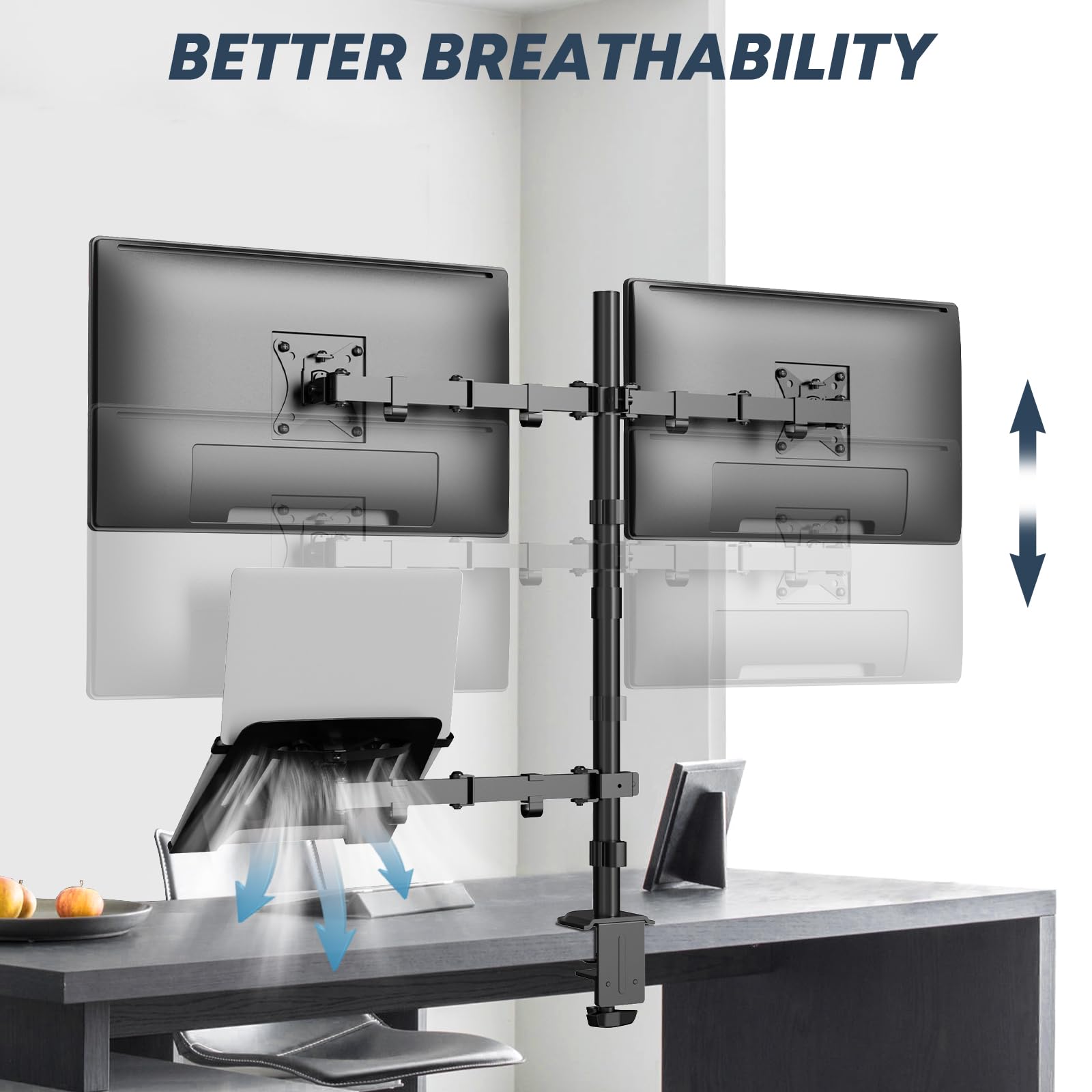 WORLDLIFT Dual Monitor Halterung mit Laptop Ständer für Two 17-32 Zoll LCD LED Bildschirm and 10-15 Zoll Laptop,Extra hoher Verstellbarer Ständer,Max 9kg pro Arm,Vesa 75x75/100x100mm,Schwarz