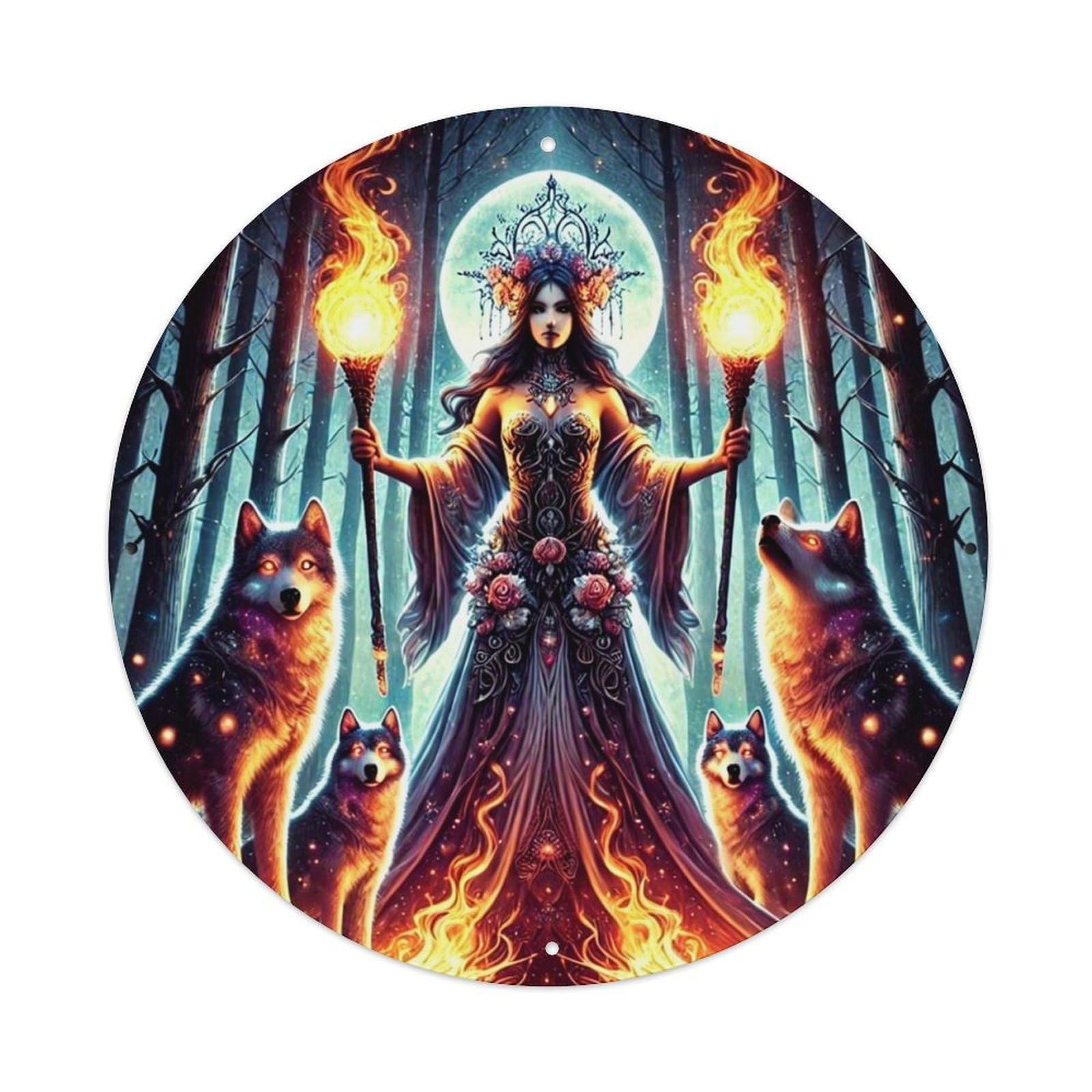 Mystical Goddess With Wolves Vintage Metal Tin Sign Retro Wall Decor for Home Bar Garage Cafe, Indoor & Outdoor Decorative，circle Metal Poster, 8x8 Inch