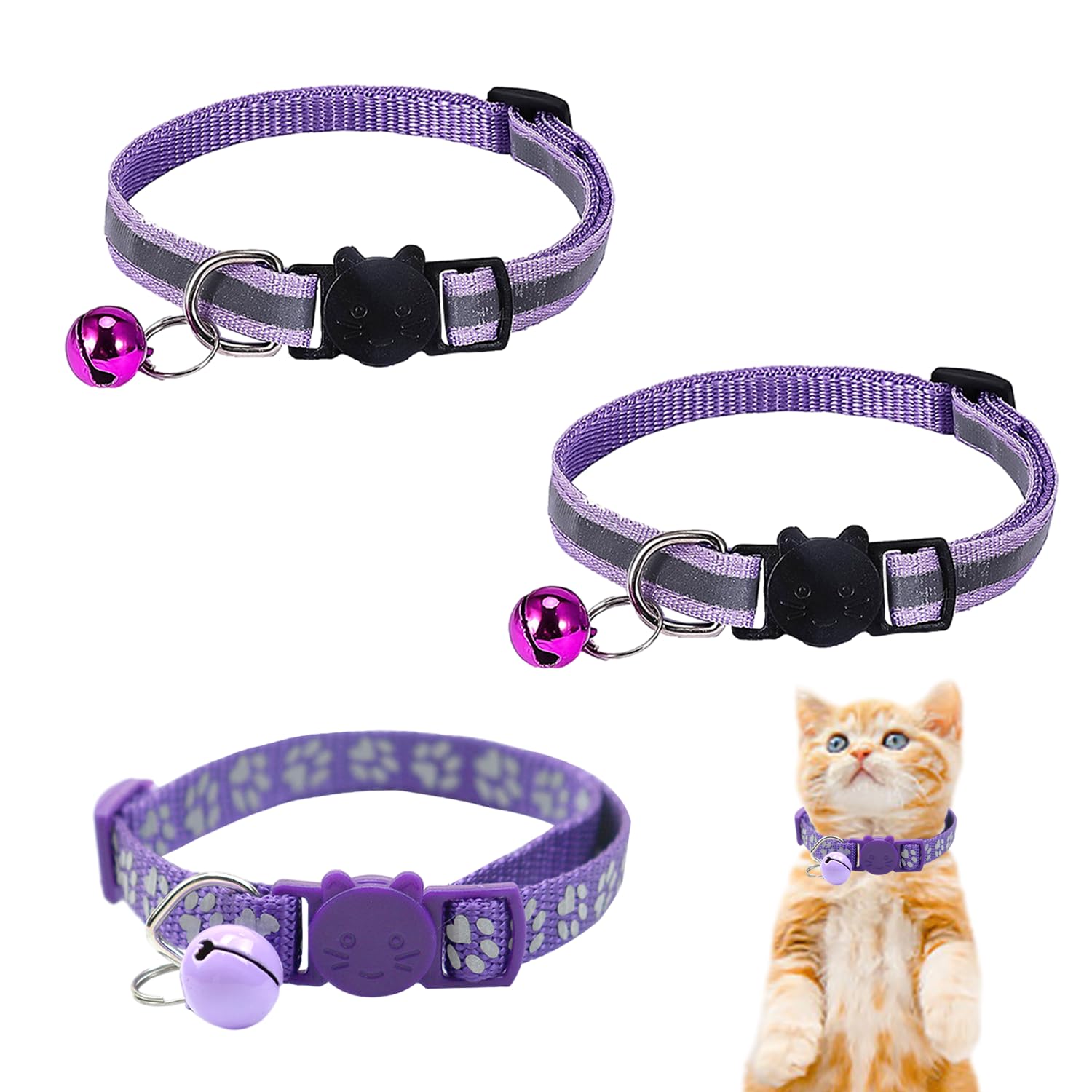 Collar de campana de gato morado, collar de gato ajustable, collar para gato con campana, collar de gato con campana, collar de mascota reflectante para la noche, collar con hebilla