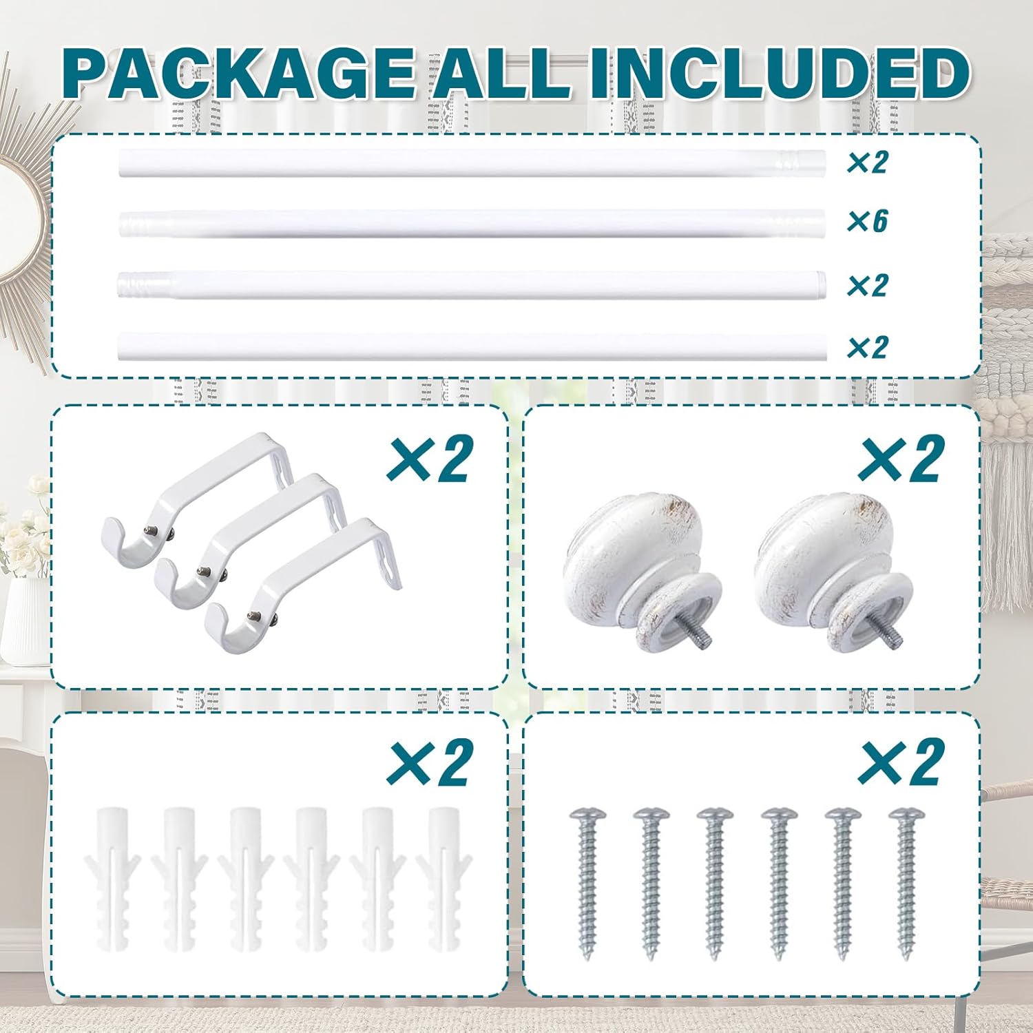 Turquoize 2 Pack Adjustable Window Curtain Rods, 16.2 to 90.6 Inch, White with Classic Finials