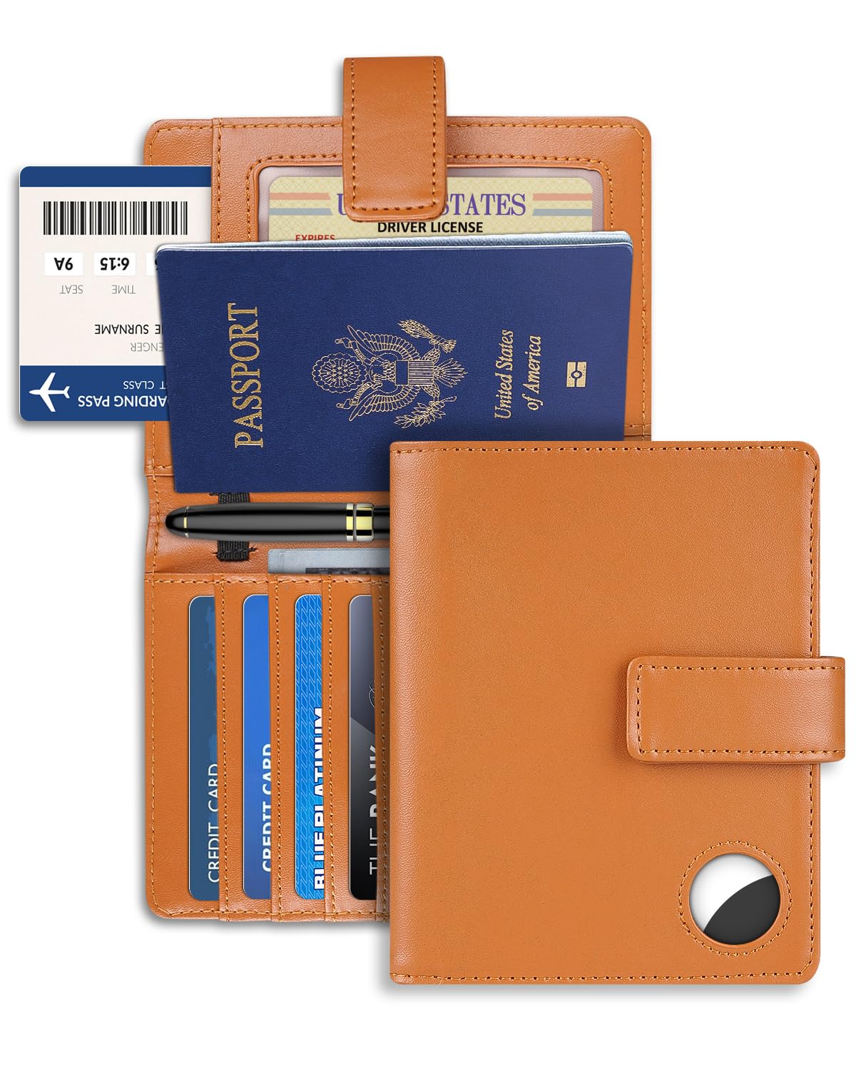 mokzerPassport Holder Wallet Cover Case for Women and Men,RFID Blocking,Passport Case with AirTag Holder,Travel Accessories (Brown)