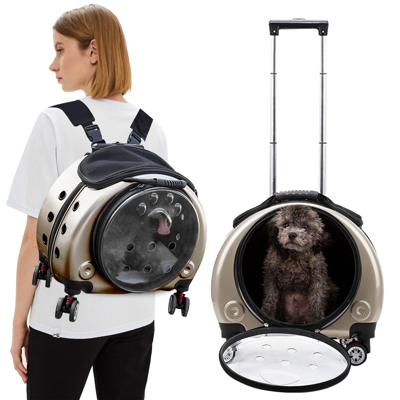 PETCUTE Backpack for Dogs with Wheels, Foldable Pet Carrier Bag with Removable Mat, Breathable Backpack for Pets for Kittens, Small Dogs, Maximum Load 7.5 kg