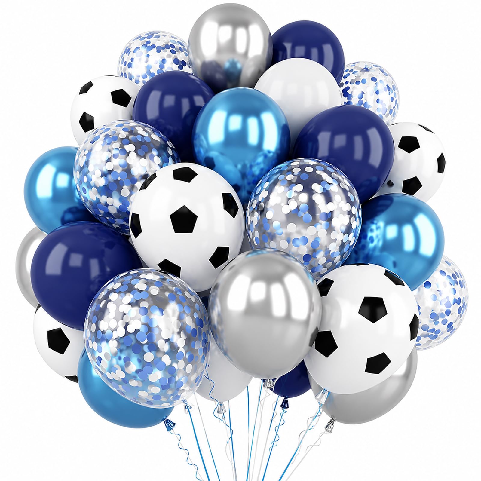 Bolosa Football Balloons 30 Pack, 12 Inch Blue White Silver Latex Balloons, Football Print, Metallic and Confetti Balloon Set, Football Birthday Decorations for Boys, Kids, Match Day Party