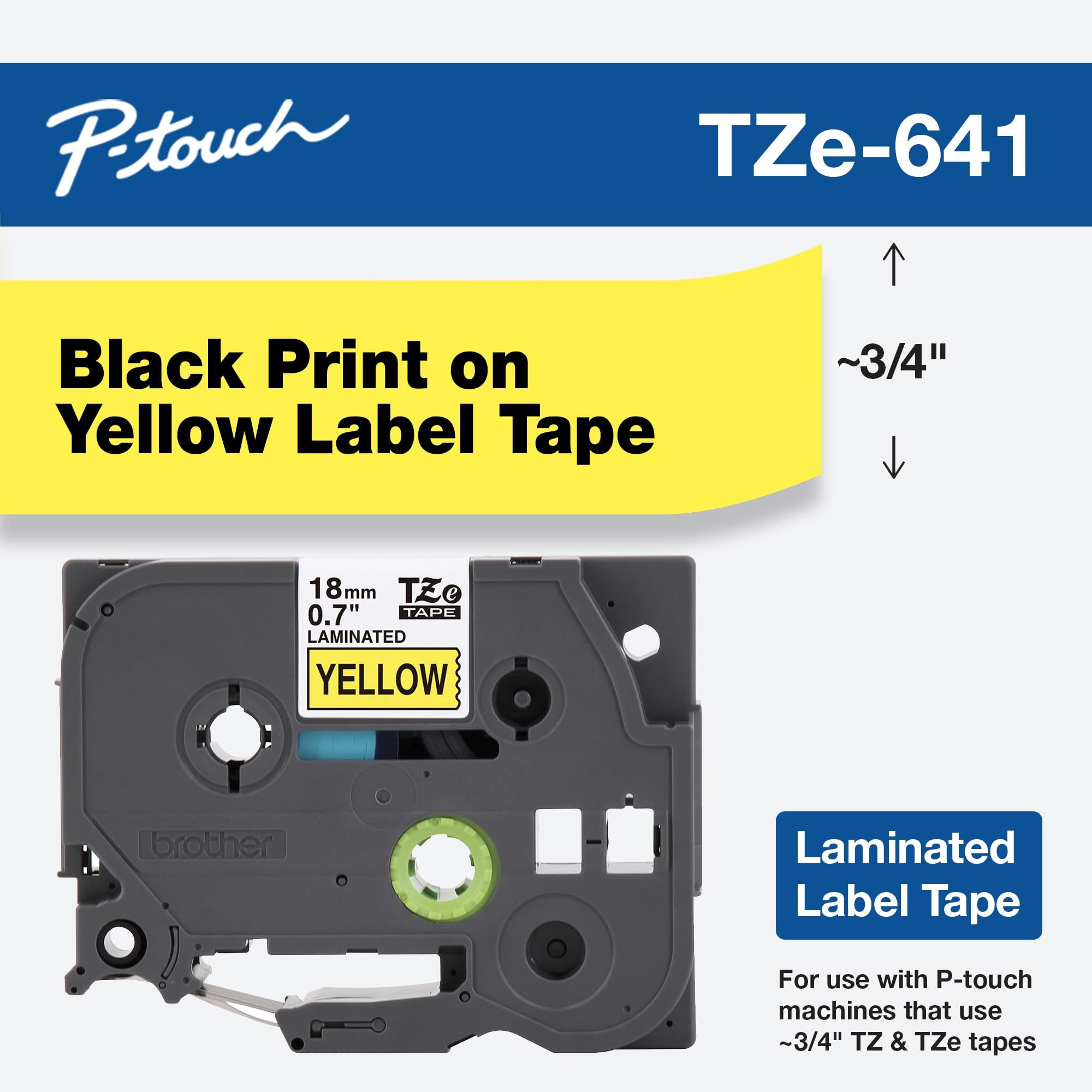 Brother Genuine P-Touch TZE-641 Tape, 3/4" (0.7") Standard Laminated P-Touch Tape, Black on Yellow, For Indoor or Outdoor Use, Water-Resistant, 26.2 ft (8 m), Single-Pack
