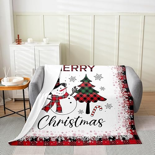Manta de franela de Feliz Año Nuevo, tamaño individual de 60 x 80 pulgadas, cálida, ligera, rústica, roja, verde, caricatura, muñeco de nieve,