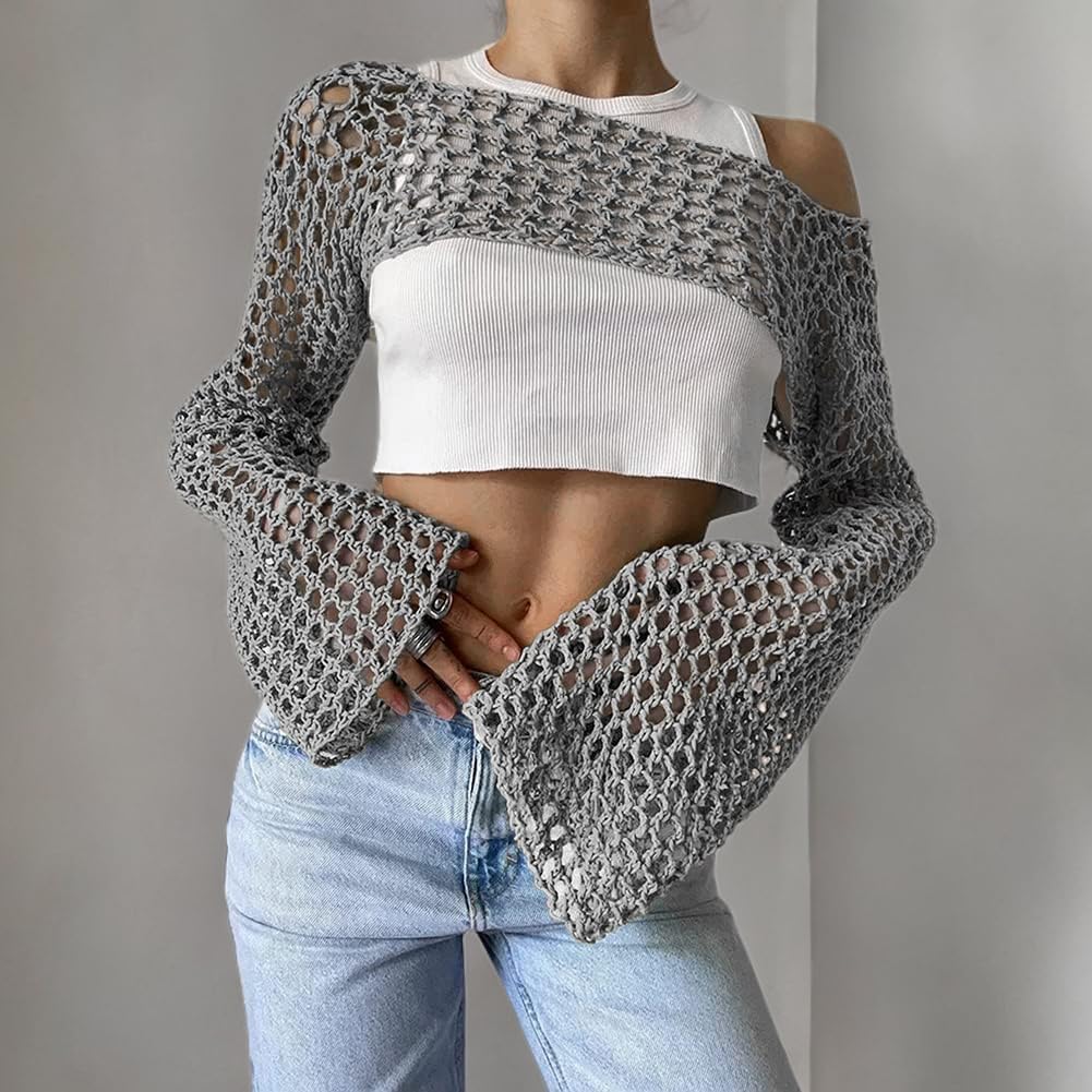 KEOMUD Crochet Crop Tops for Women Y2K Going Out Top Hollow Out Knit Bikini Beach See Through Cover Ups Fashion - Image 6