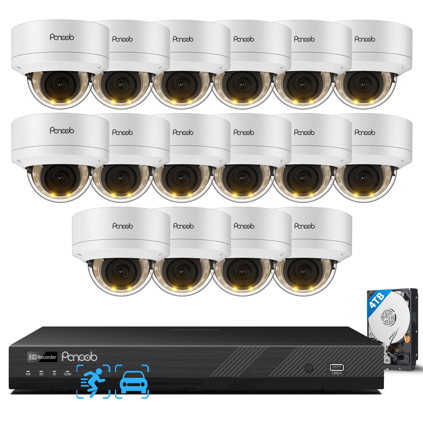 PANOOB 16 Channel PoE Security Camera System, 16Pcs 5MP Wired IK10 Vandal Dome Camera Outdoor, Human Detection, Smart Color Night Vision, 2 Way Audio,