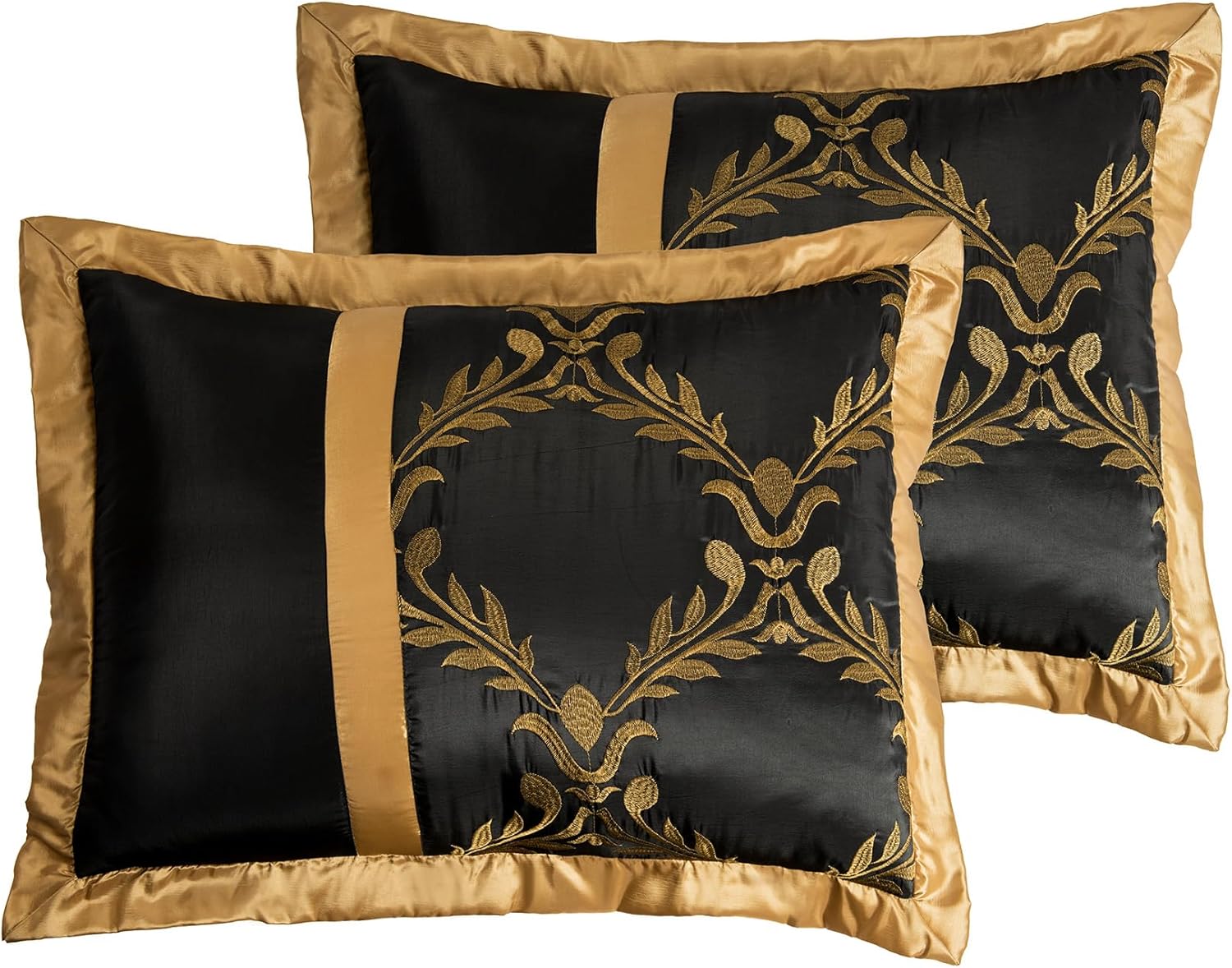 HIG 7 Piece Bed in A Bag Comforter Set Queen - Black and Gold Faux Silk Fabric Embroidered - Breathable and Wrinkle Resistant -1 Comforter, 2 Shams, 3 Decorative Pillows, 1 Bedskirt - Image 7