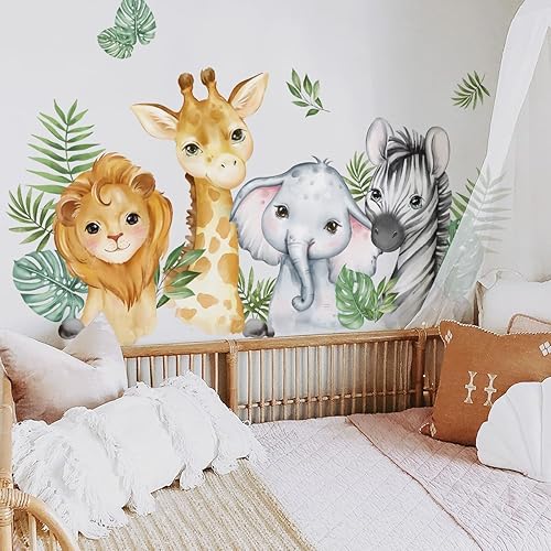 Miniatura 5 de Calcomanías de pared de 52.51 x 23.62 pulgadas, diseño de animales de selva, selva, safari, elefante, león, mono, para guardería, sala de juegos,
