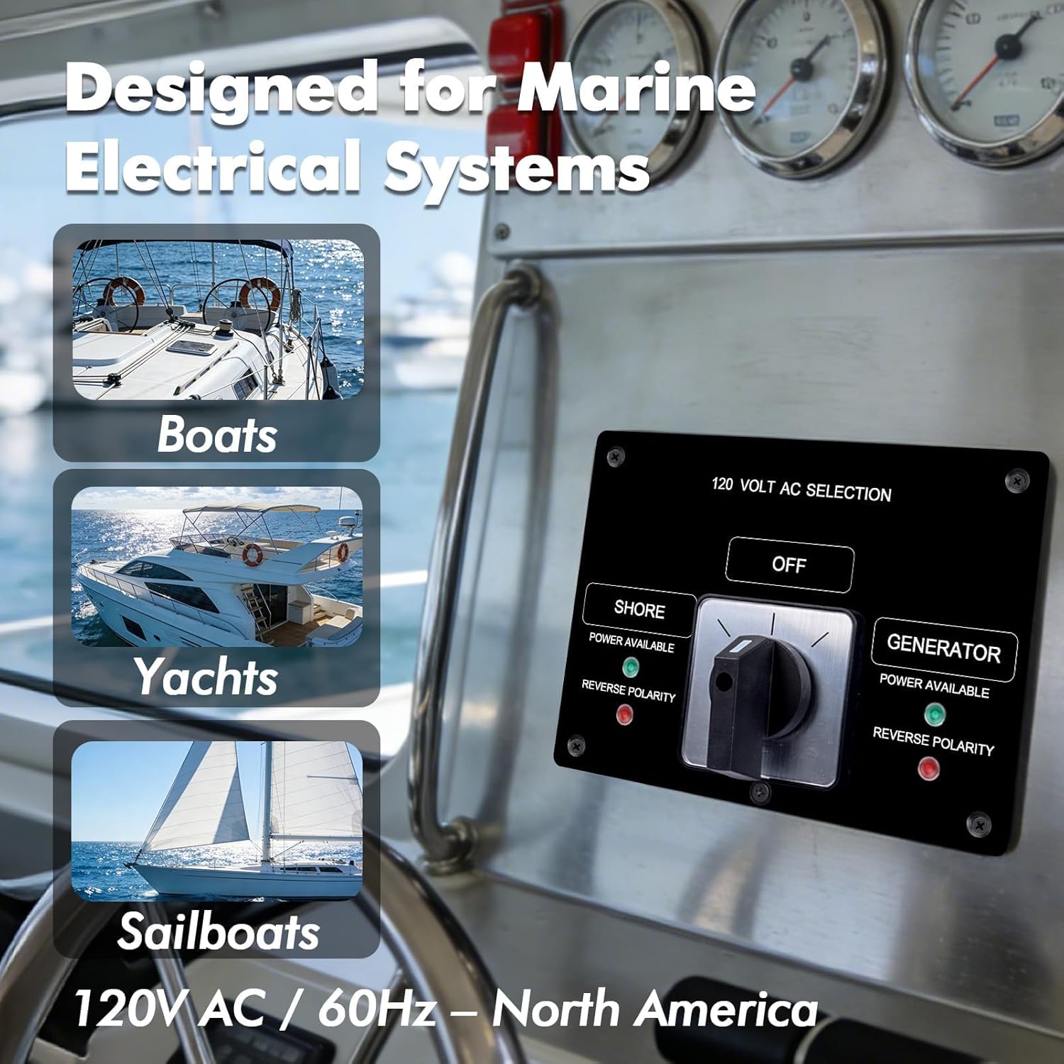 Sekelo AC Rotary Selector Switch Panel - 120V 30A, 2 Position Marine Shore Power Transfer Switch with Reverse Polarity LED Indicator for Boats Yachts