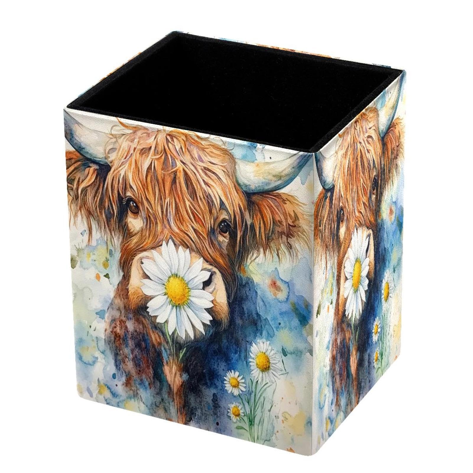 DragonBtu Desktop Pencil Holder, Watercolor Cow Rectangular Pencil Cup, Pencil Storage Bag Office Desk Supplies Case for School, Kids
