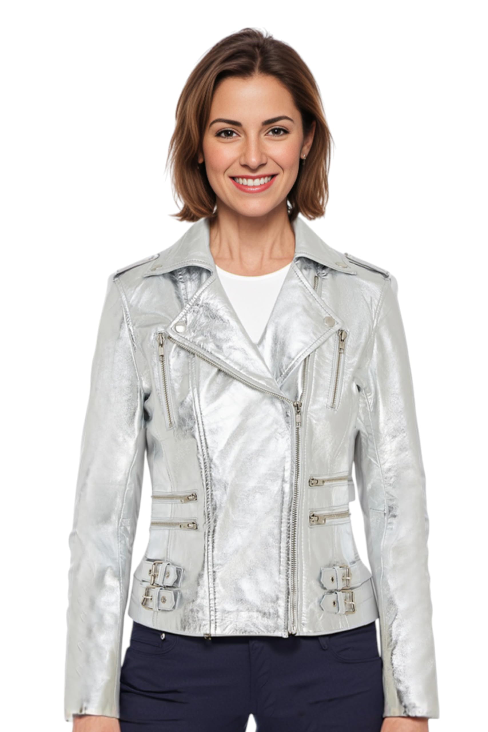 Ladies Leather Biker Silver Real Lamb Nappa Vintage Gothic Buckle Jacket