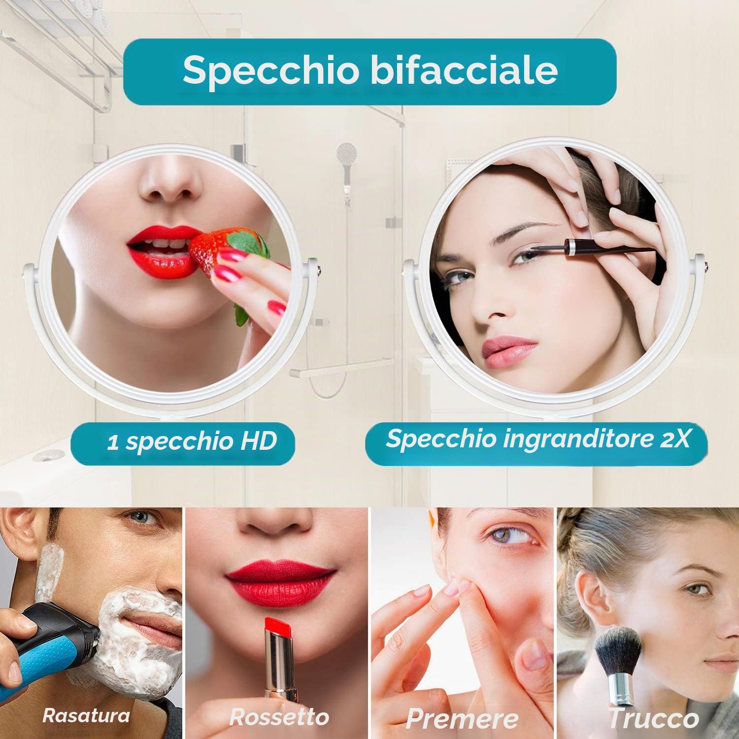 MASMAS Specchio trucco da parete da bagno con ingrandimento 1X/2X cosmetico a doppio lato girevole a 360 con ventosa facile installazione