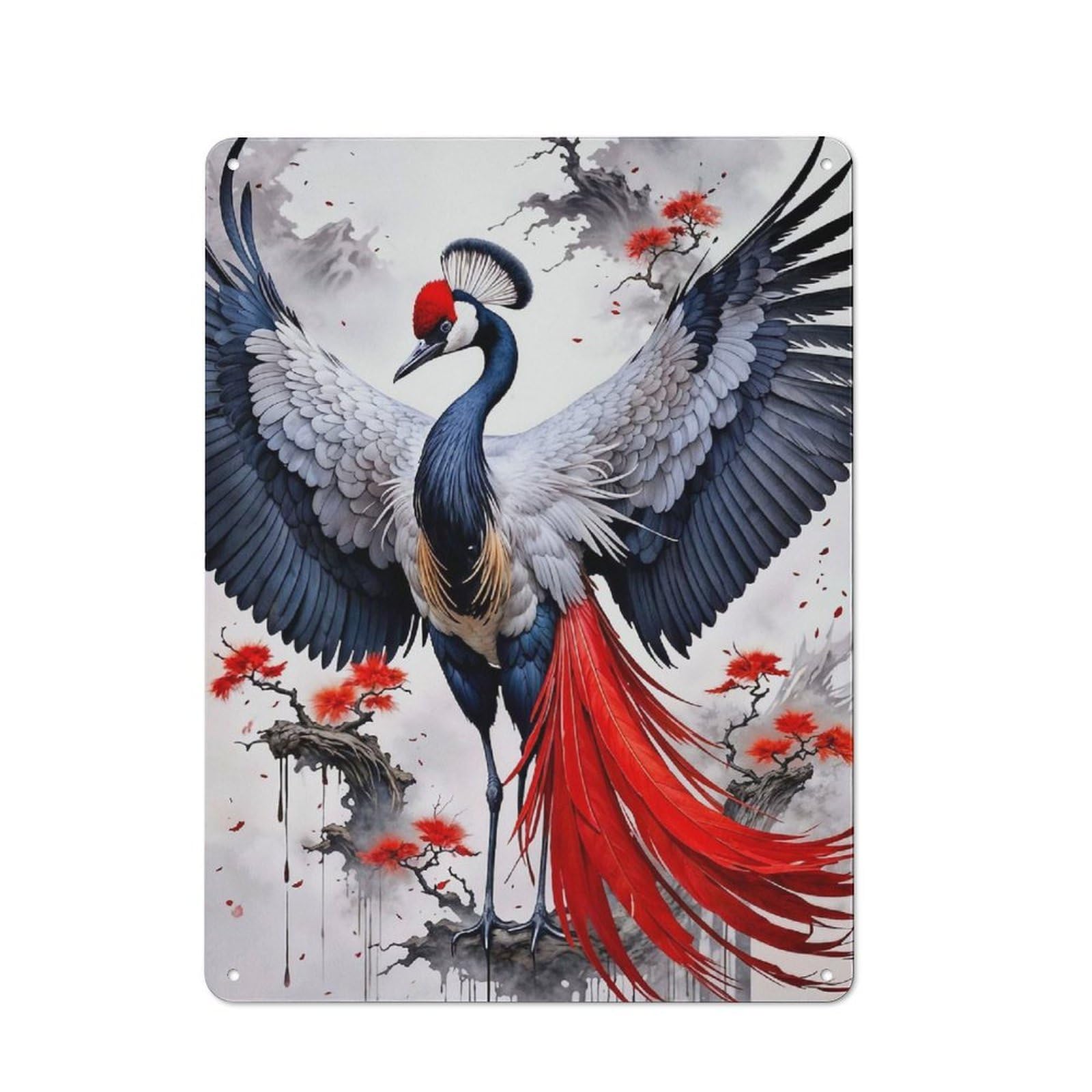 Urban Japanese Crane Decorative Metal Plaque 40x30cm, Urban Room Decor for Flat, Bar, Studio Or Gallery Wall