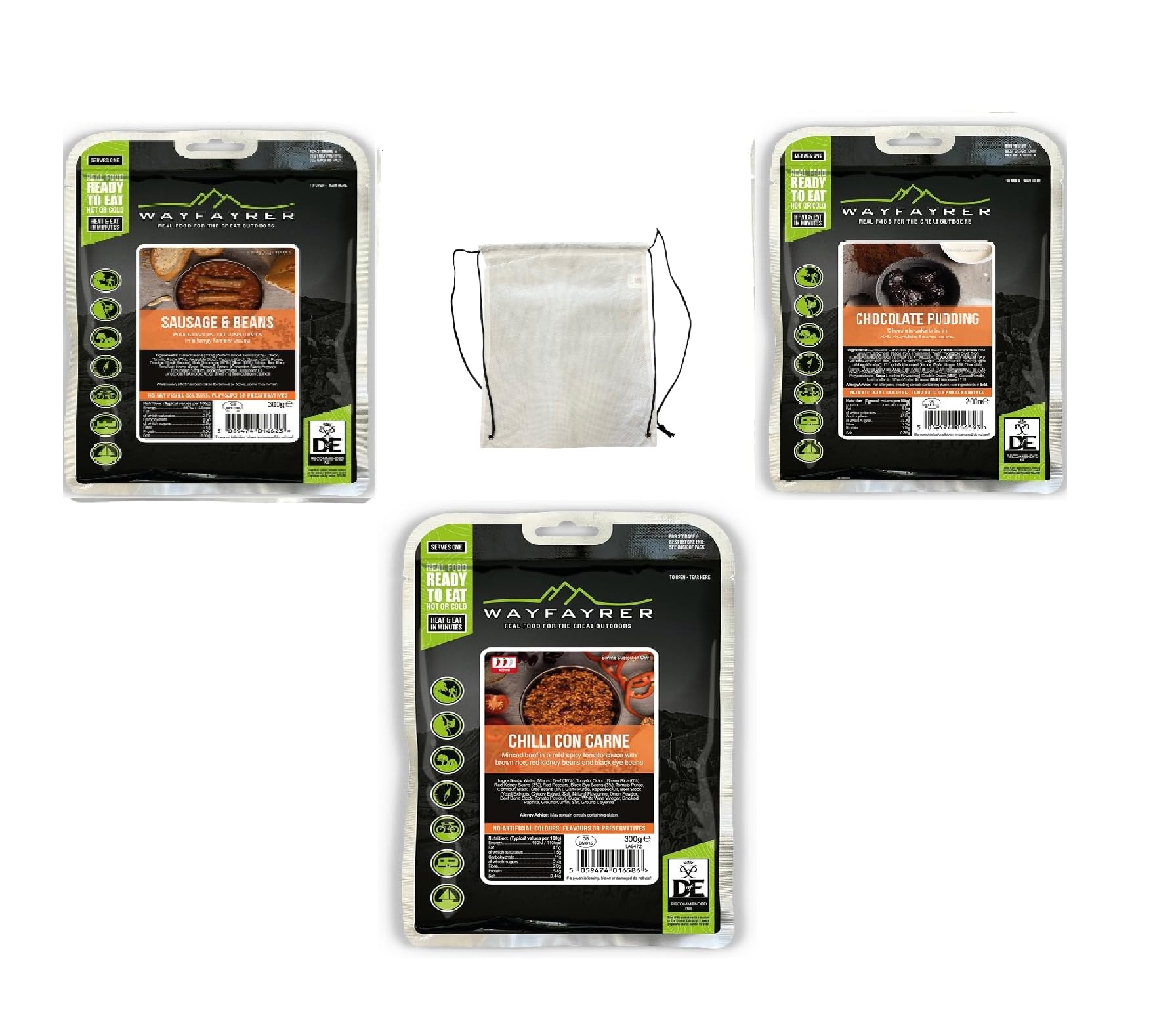Wayfayrer DofE Bronze 1 day Camping Food Expedition Pack – 3 MRE Boil in Bag Camping MealsOfficial Food Pouches of the D of E Award Scheme with drawstring carry bag