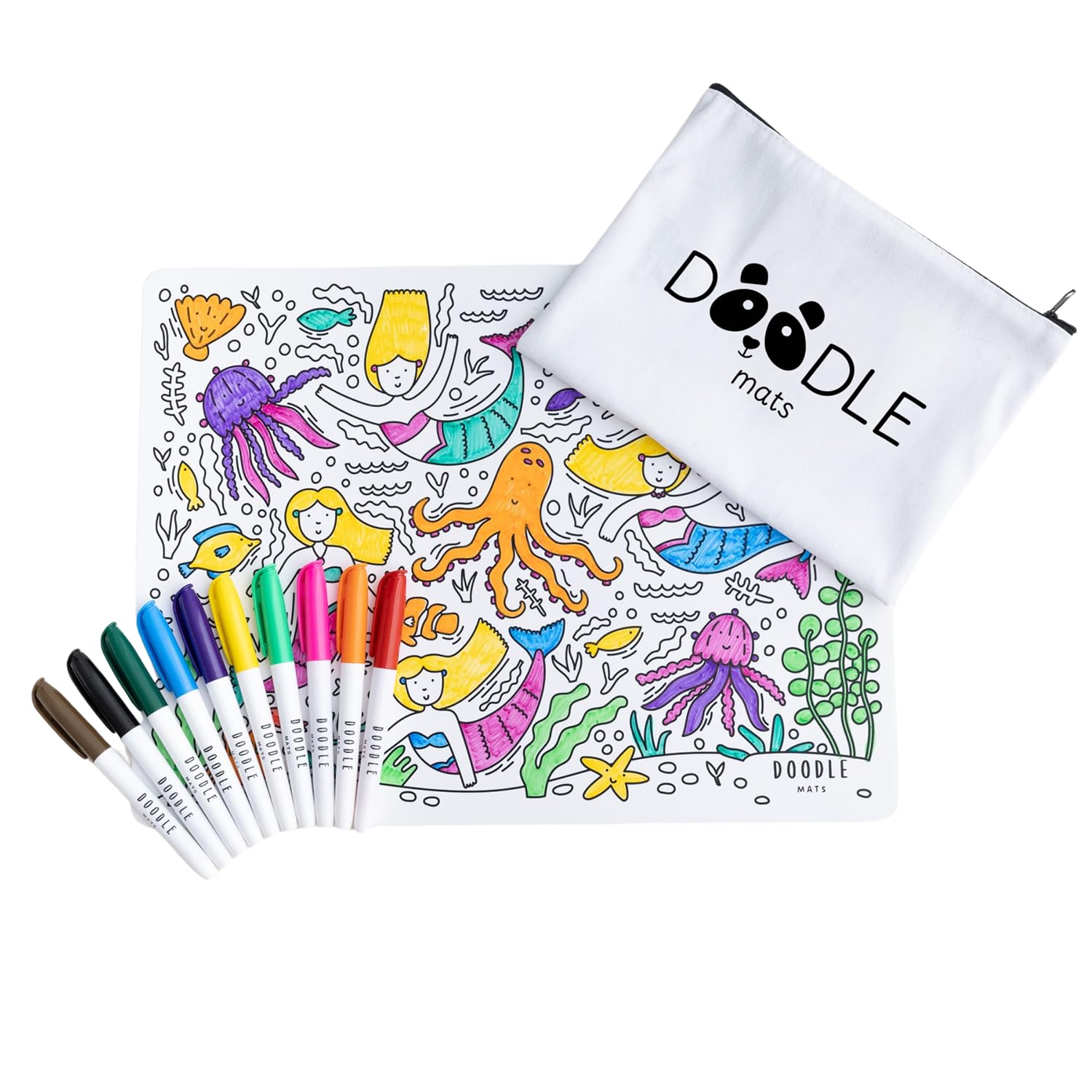 Doodle Mats Reusable Mermaid Colouring Mat for Kids | Underwater Playmat with 10 Washable Pens & Carry Case | Mess Free Travel Toy Featuring Mermaids, Coral Reefs & Sea Creatures | Eco Friendly Gift