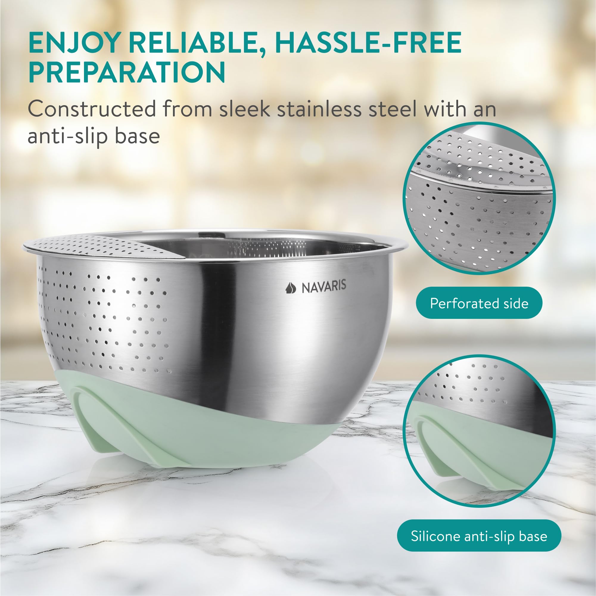 Navaris durszlak ze stali szlachetnej - Ø 22 cm - metalowy durszlak z silikonowym dnem - nadaje się do makaronu, spaghetti warzyw, ryżu - miętowa zieleń