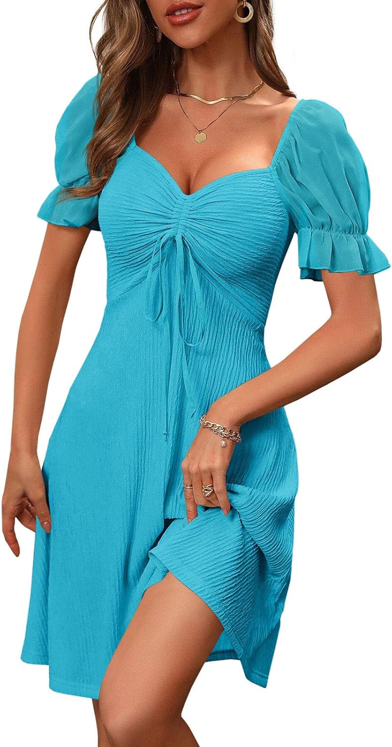 Wenrine Womens Short Puff Sleeve Mini Dresses Summer Drawstring Sweetheart Neck Casual Flowy Dress