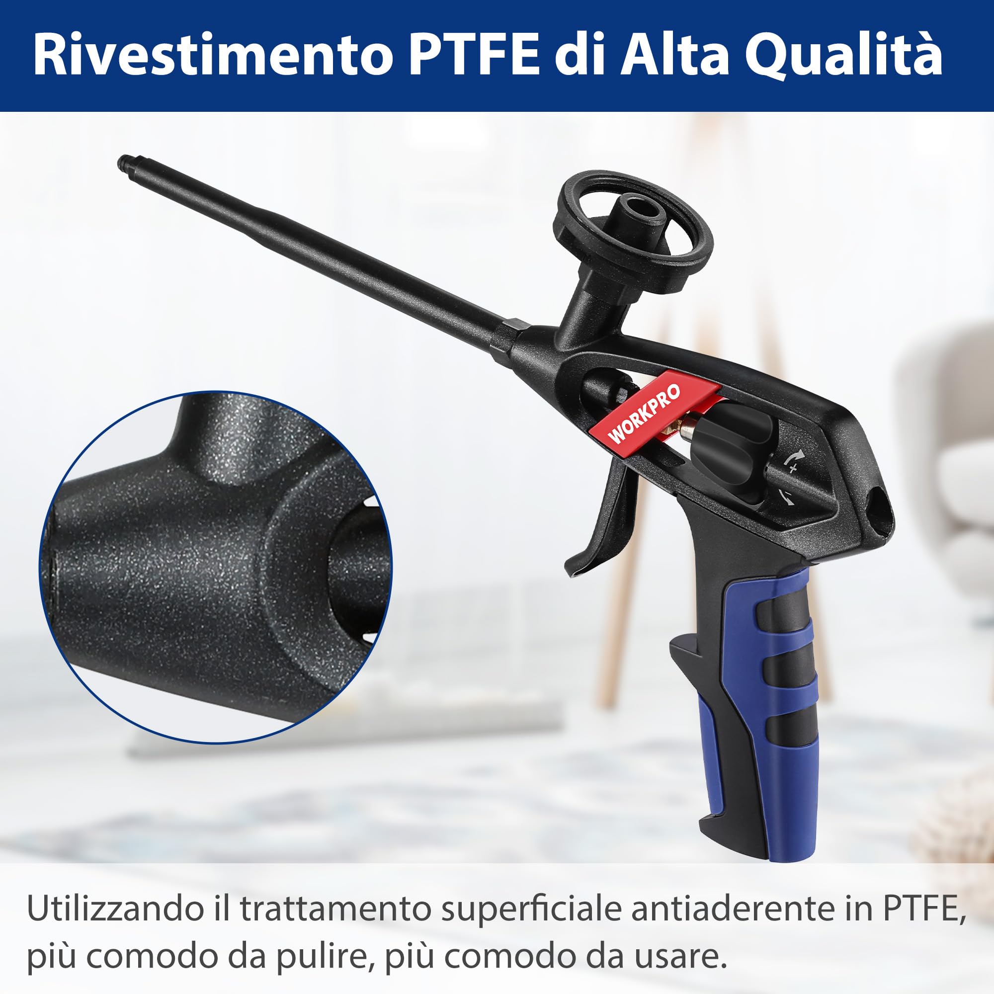 WORKPRO Pistola per Schiuma Poliuretanica, Pistola Schiuma Metallo con Ugello in Acciaio Inossidabile ed Impugnatura Ergonomica, per Sigillare, Riempire, Casa e Ufficio