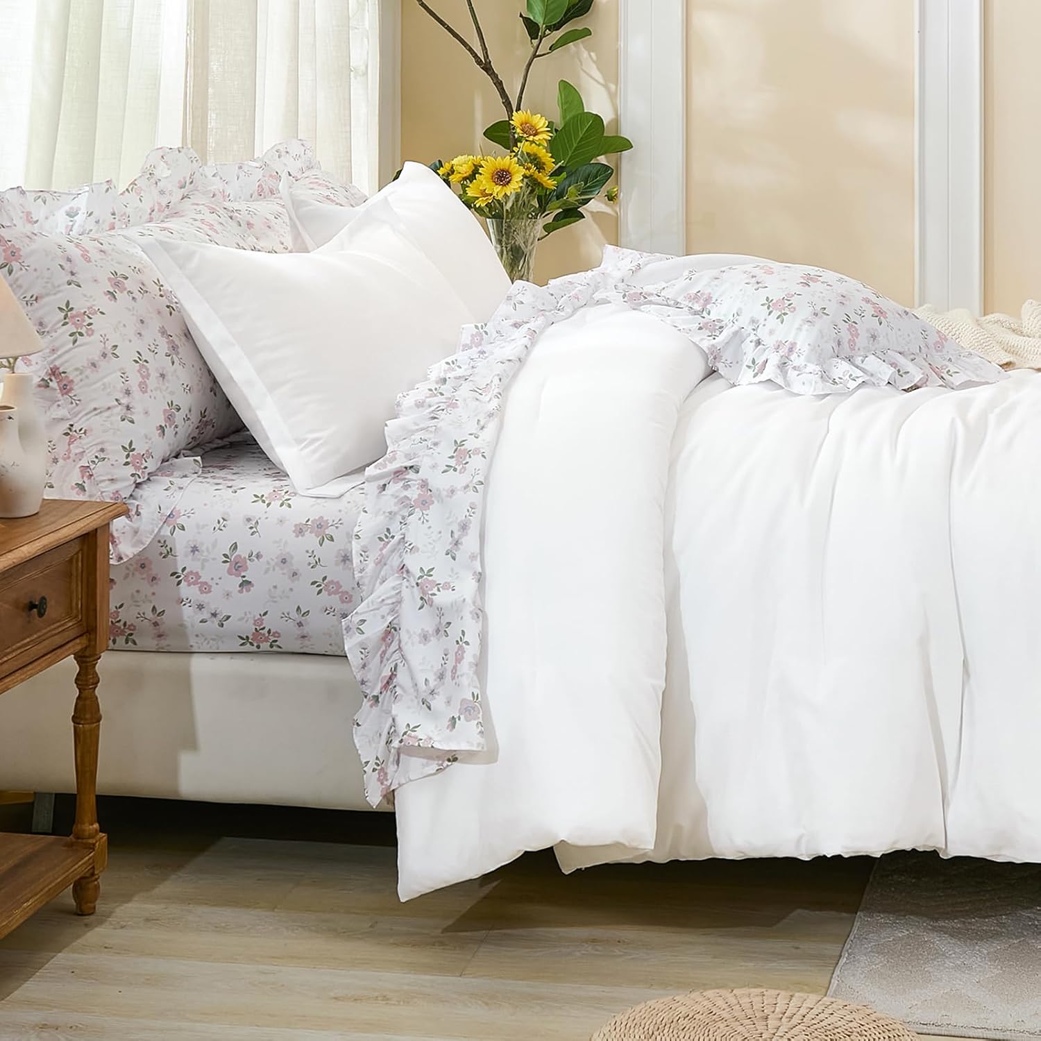 WONGS BEDDING Queen Comforter Set, 8 Pieces Farmhouse Bed in a Bag Queen, Bedding Set Queen Size with White Comforter, Ruffle Floral Pillowcases & Flat Sheet, Floral Fitted Sheet