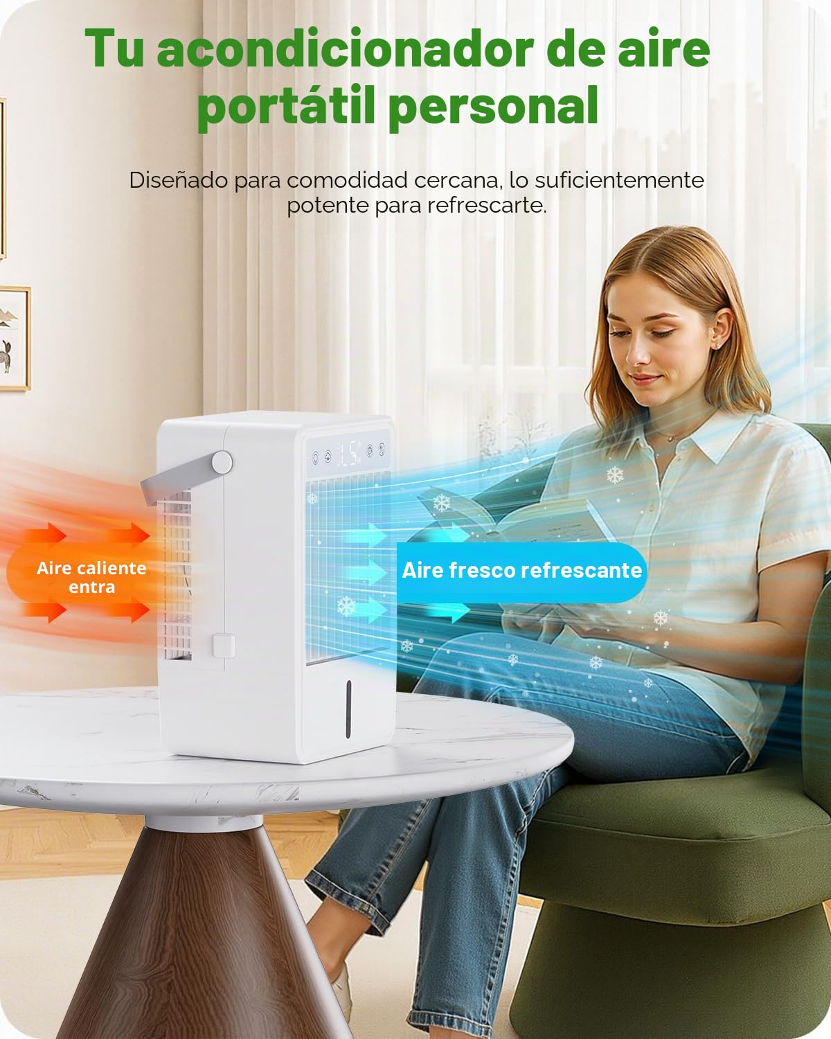 Mini Aire Acondicionado Portatil con 1.5L | Enfriador de Aire con 5 Velocidades + 3 Modos de Neblina | Temporizador 10H | Mando a Distancia y Luz RGB - para Dormitorios, Oficinas y Espacios Reducidos