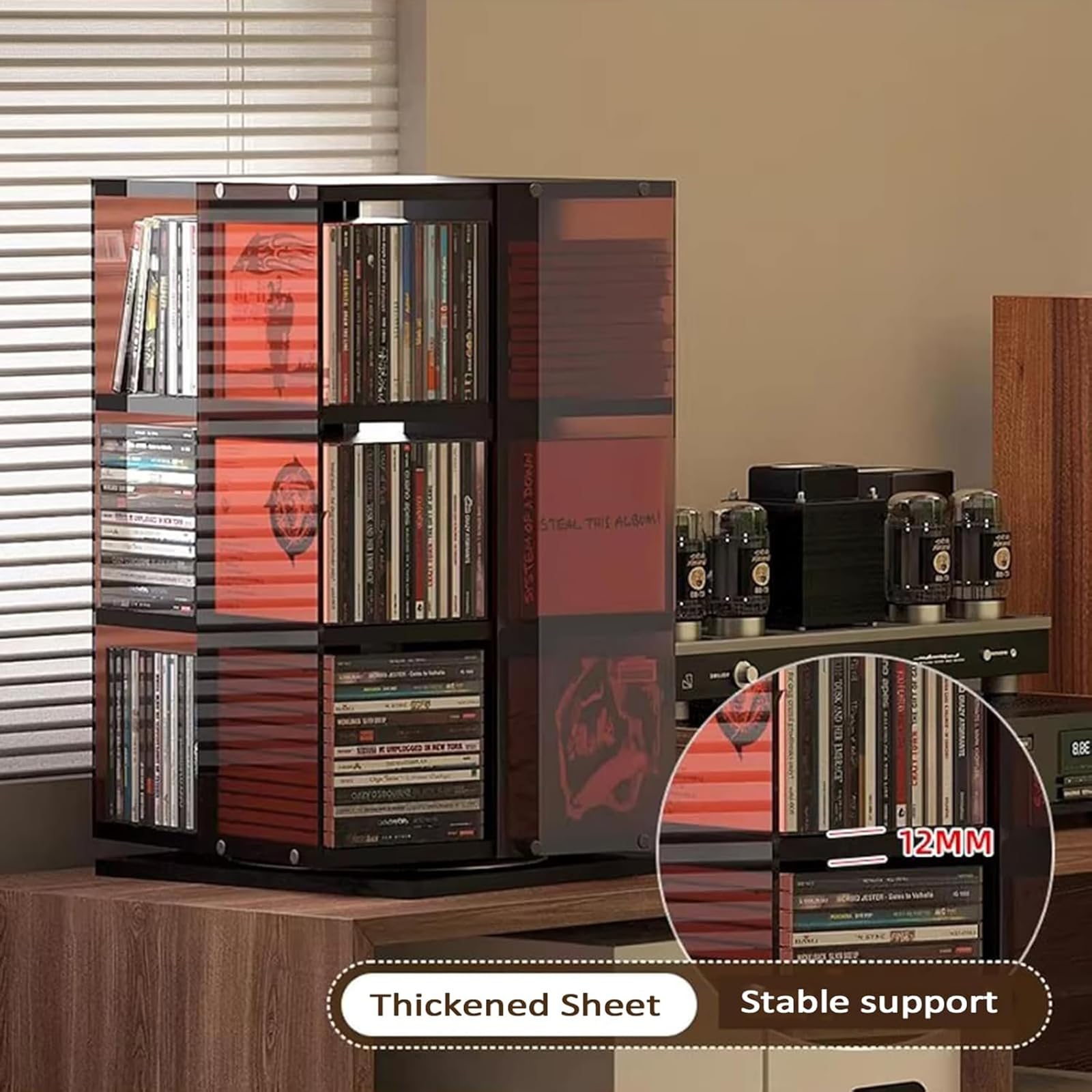 Porta Dischi in Vinile Girevole, Torre Porta CD Girevole A 360°, Display Aperto su 4 Lati, capacità 120 CD, Organizer Salvaspazio per Libri, Riviste E Dvd. A