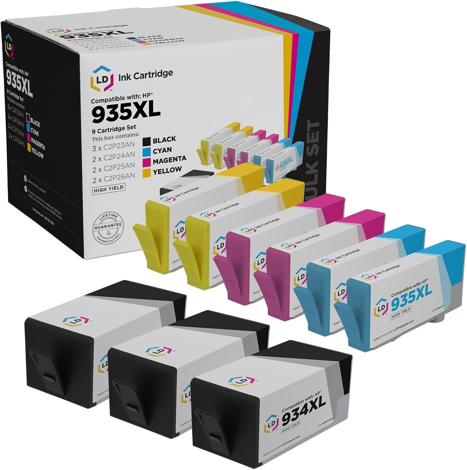 LD Remanufactured 935XL 934XL Replacement for HP 934 and 935 Ink Cartridges High Yield for Use with OfficeJet 6812 6815 and OfficeJet Pro 6230 6830 6835 (3 Black, 2 Cyan, 2 Magenta, 2 Yellow, 9-Pack)